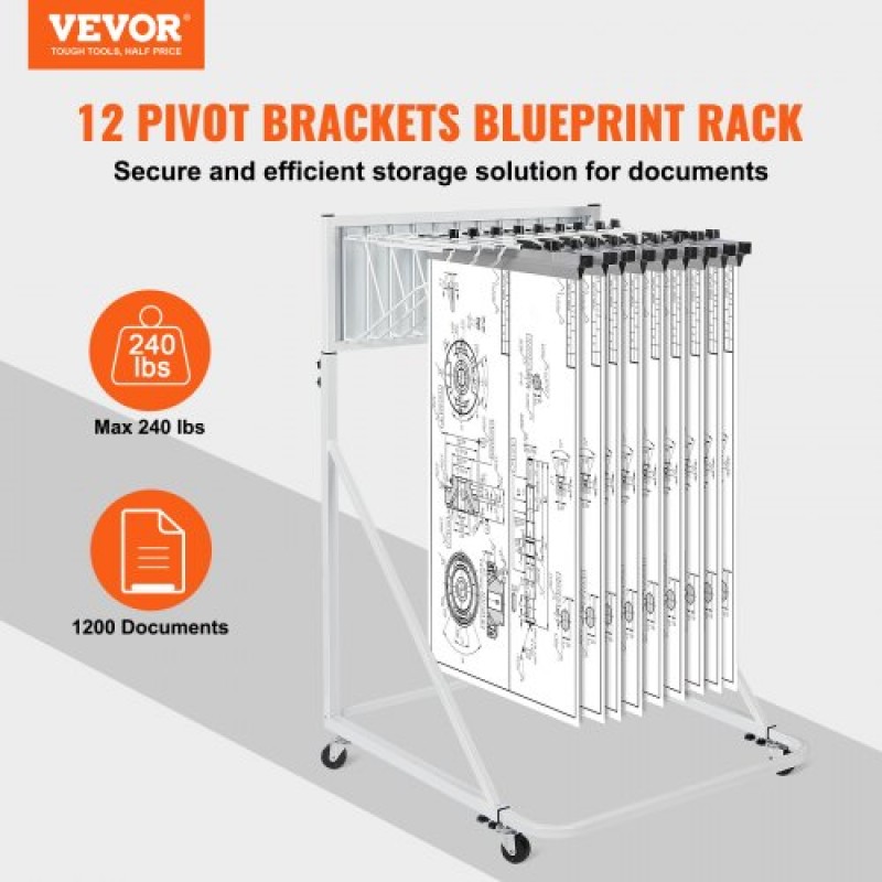 Βάση αποθήκευσης VEVOR Mobile Blueprint, Στήριγμα σχεδίου με 12 περιστρεφόμενους βραχίονες, φορητή θήκη σχεδιαγράμματος με ρυθμιζόμενο ύψος και μήκος, βάση οθόνης αφίσας για γραφείο και σπίτι (μόνο ράφι χωρίς σφιγκτήρες)