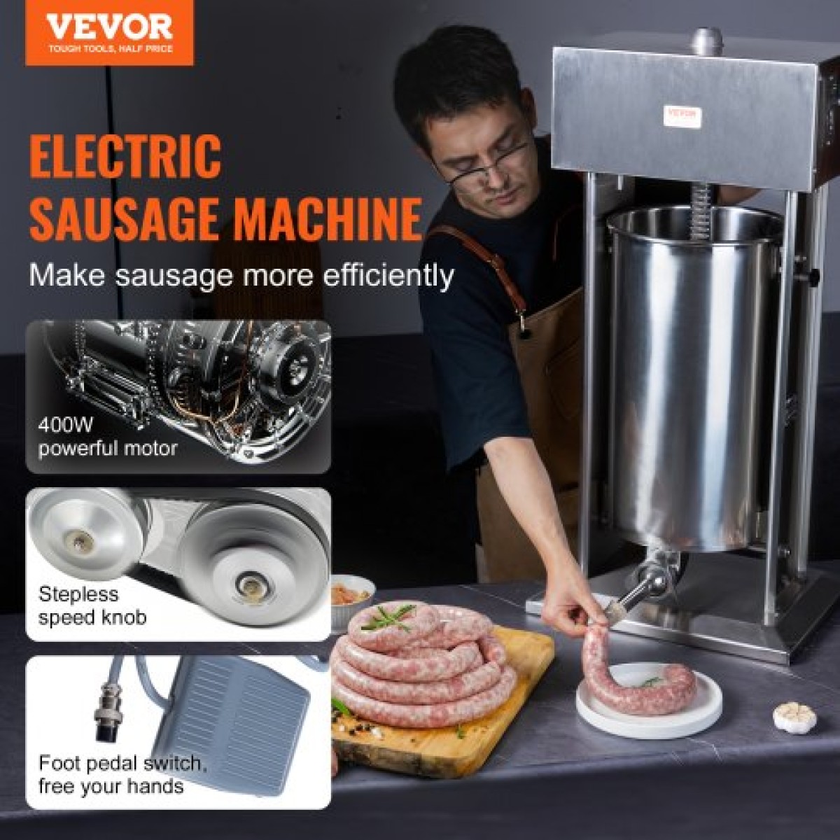 VEVOR Electric Sausage Stuffer, 25 L / 55 LBS Vertical Meat Stuffer, Motor 400W, Stepless Speed ​​Control and Foot Pedal, κατασκευασμένο από ανοξείδωτο ατσάλι 304 ποιότητας τροφίμων, 5 σωλήνες γέμισης για το σπίτι, επαγγελματικό
