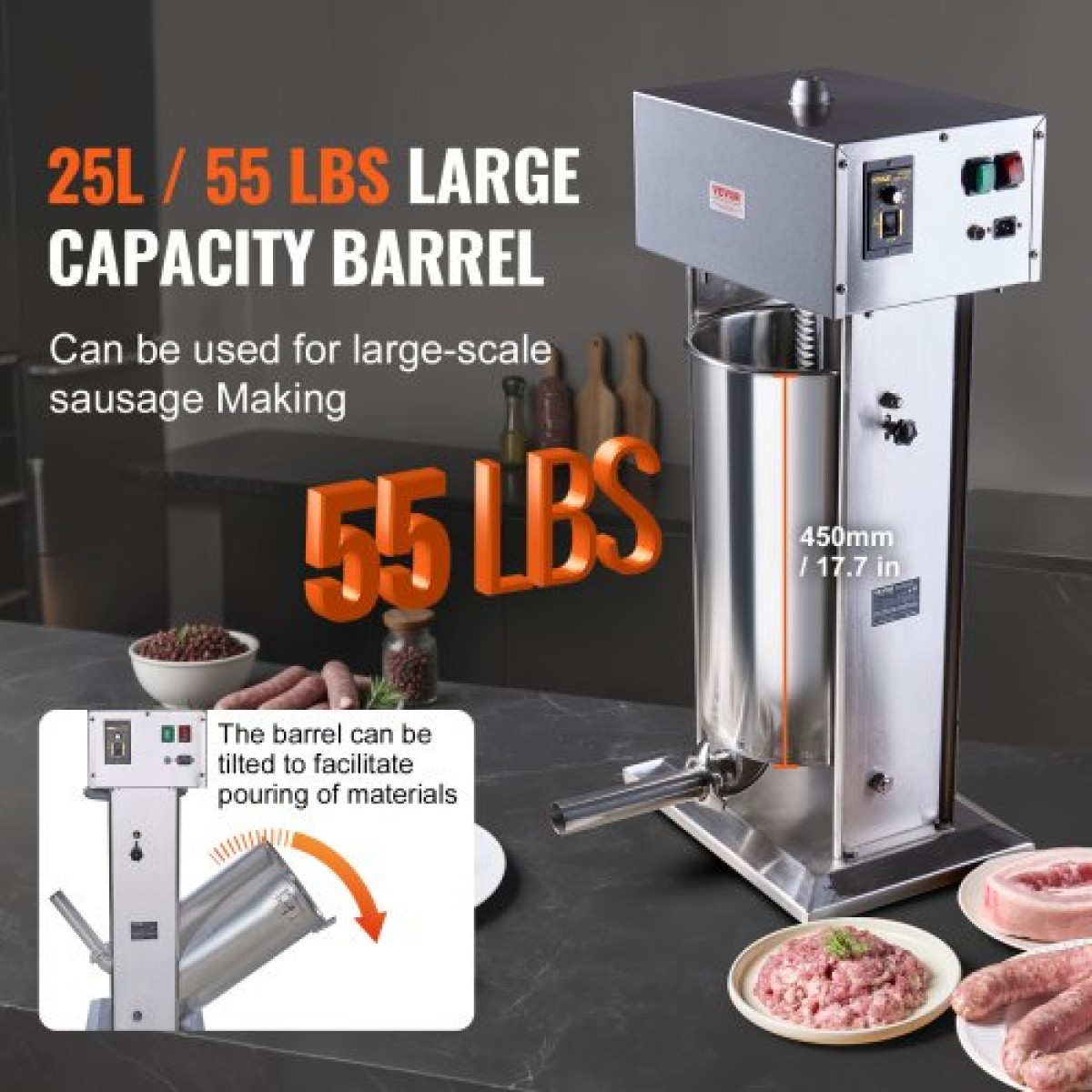 VEVOR Electric Sausage Stuffer, 25 L / 55 LBS Vertical Meat Stuffer, Motor 400W, Stepless Speed ​​Control and Foot Pedal, κατασκευασμένο από ανοξείδωτο ατσάλι 304 ποιότητας τροφίμων, 5 σωλήνες γέμισης για το σπίτι, επαγγελματικό