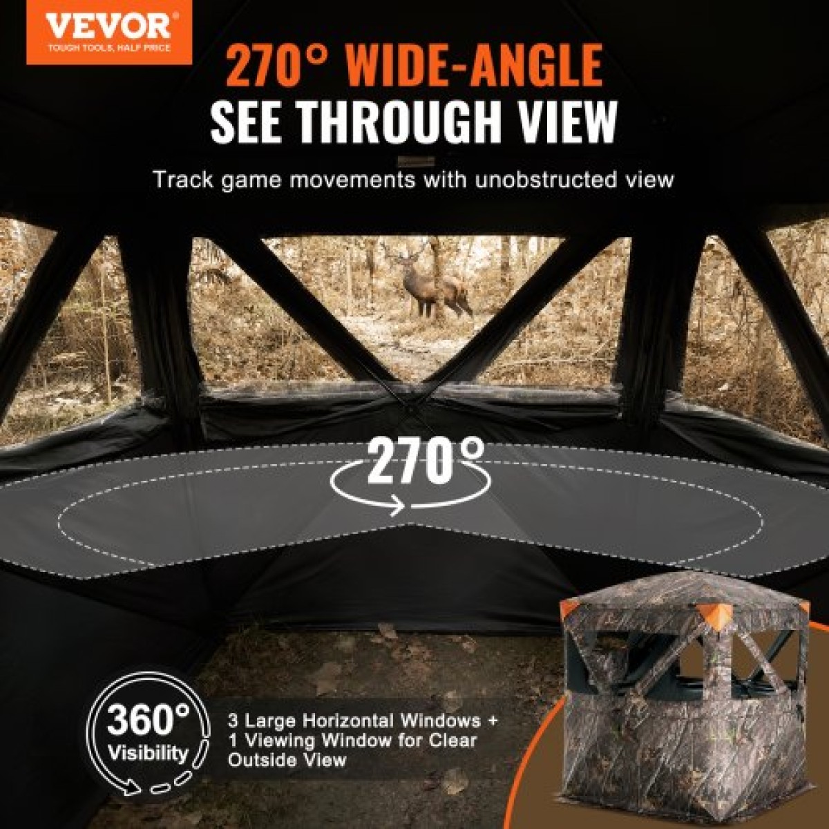 VEVOR Hunting Blind, 270° Ground Blind, 1-2 Person Pop Up Deer Blind για κυνήγι με τσάντα μεταφοράς, φορητή ελαστική σκηνή κυνηγιού, 3 οριζόντια παράθυρα για τη Τουρκία και το κυνήγι ελαφιού