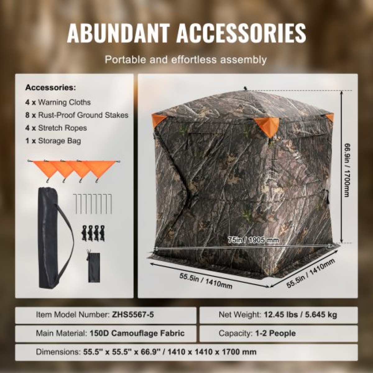 VEVOR Hunting Blind, 270° Ground Blind, 1-2 Person Pop Up Deer Blind για κυνήγι με τσάντα μεταφοράς, φορητή ελαστική σκηνή κυνηγιού, 3 οριζόντια παράθυρα για τη Τουρκία και το κυνήγι ελαφιού
