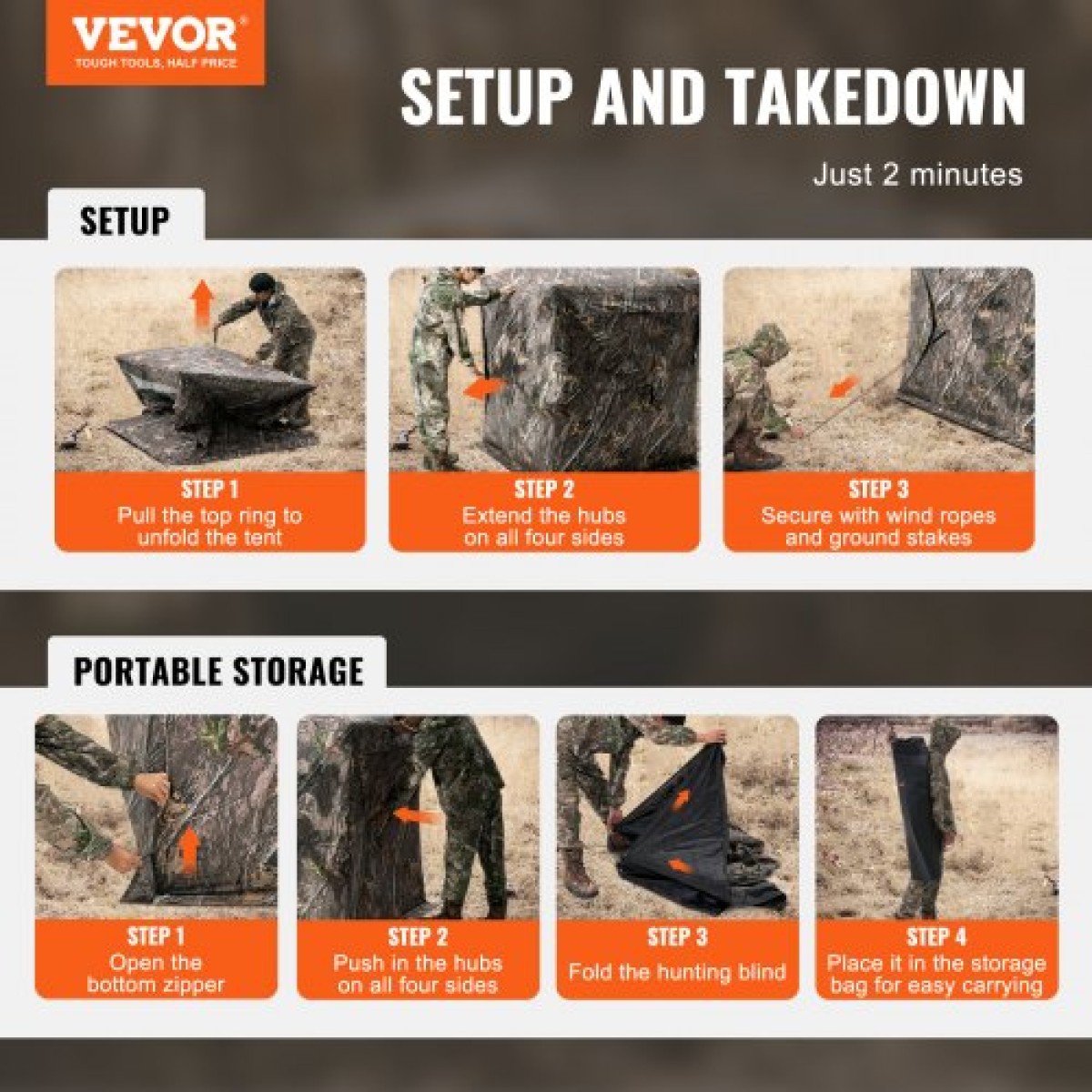 VEVOR Hunting Blind, 270° Ground Blind, 1-2 Person Pop Up Deer Blind για κυνήγι με τσάντα μεταφοράς, φορητή ελαστική σκηνή κυνηγιού, 3 οριζόντια παράθυρα για τη Τουρκία και το κυνήγι ελαφιού