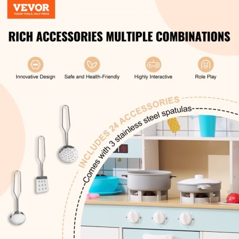 VEVOR Play Kitchen for Kids, Ξύλινο Σετ Κουζίνας Παιχνιδιού με Φώτα και Ήχους, Μικρή Κουζίνα με παγομηχανή, Φούρνος, Νιπτήρας, Φούρνοι μικροκυμάτων, Ψυγείο και Σκεύη και Αξεσουάρ Φρούτων για Μικρά παιδιά, Λευκό