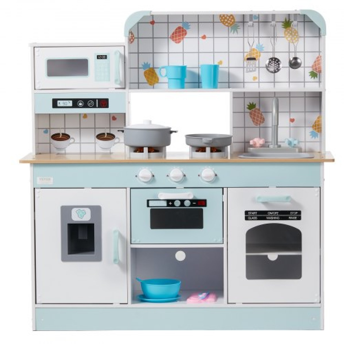 VEVOR Play Kitchen for Kids, Ξύλινο Σετ Κουζίνας Παιχνιδιού με Φώτα και Ήχους, Μικρή Κουζίνα με παγομηχανή, Φούρνος, Νιπτήρας, Φούρνοι μικροκυμάτων, Ψυγείο και Σκεύη και Αξεσουάρ Φρούτων για Μικρά παιδιά, Λευκό