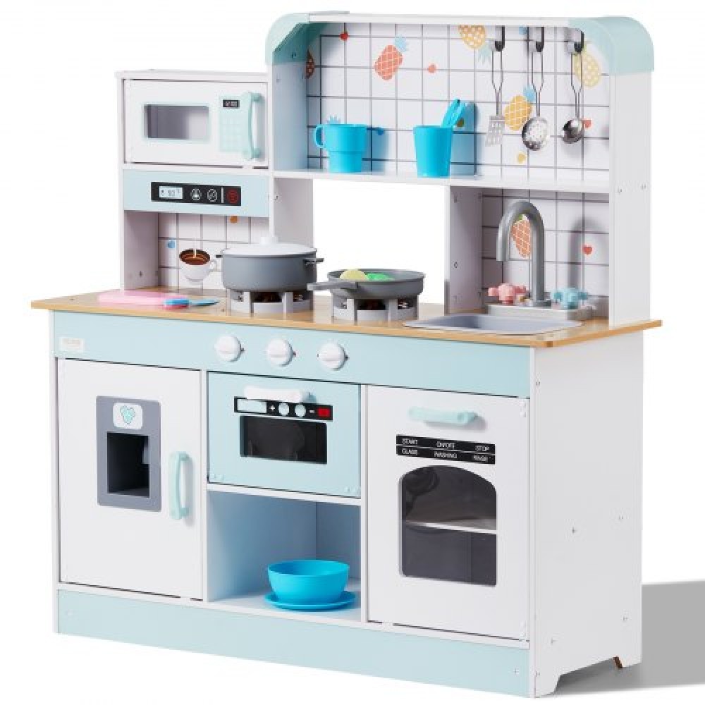 VEVOR Play Kitchen for Kids, Ξύλινο Σετ Κουζίνας Παιχνιδιού με Φώτα και Ήχους, Μικρή Κουζίνα με παγομηχανή, Φούρνος, Νιπτήρας, Φούρνοι μικροκυμάτων, Ψυγείο και Σκεύη και Αξεσουάρ Φρούτων για Μικρά παιδιά, Λευκό
