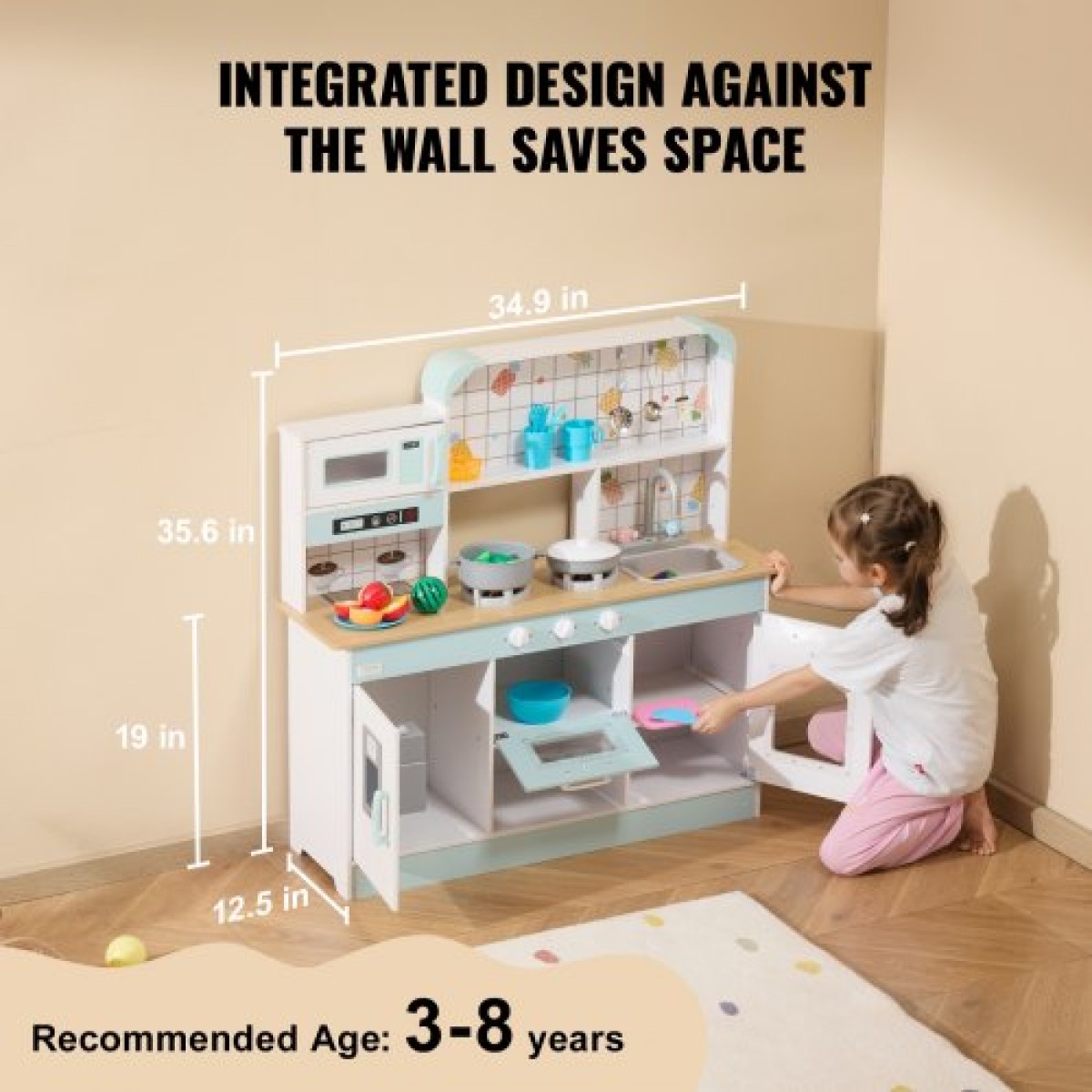 VEVOR Play Kitchen for Kids, Ξύλινο Σετ Κουζίνας Παιχνιδιού με Φώτα και Ήχους, Μικρή Κουζίνα με παγομηχανή, Φούρνος, Νιπτήρας, Φούρνοι μικροκυμάτων, Ψυγείο και Σκεύη και Αξεσουάρ Φρούτων για Μικρά παιδιά, Λευκό