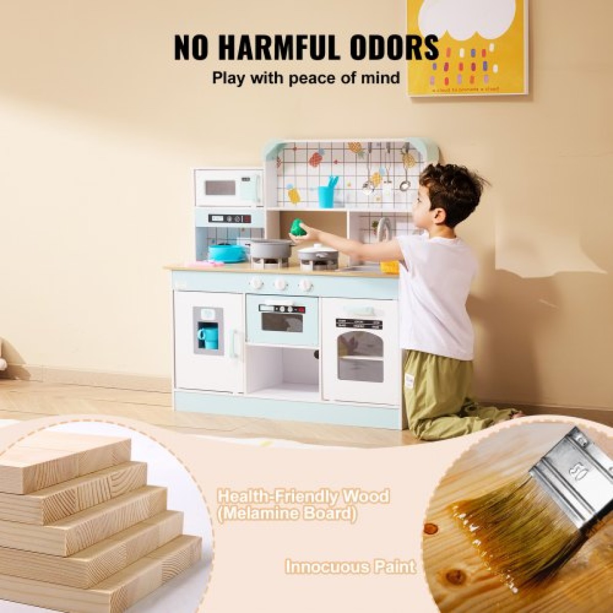 VEVOR Play Kitchen for Kids, Ξύλινο Σετ Κουζίνας Παιχνιδιού με Φώτα και Ήχους, Μικρή Κουζίνα με παγομηχανή, Φούρνος, Νιπτήρας, Φούρνοι μικροκυμάτων, Ψυγείο και Σκεύη και Αξεσουάρ Φρούτων για Μικρά παιδιά, Λευκό