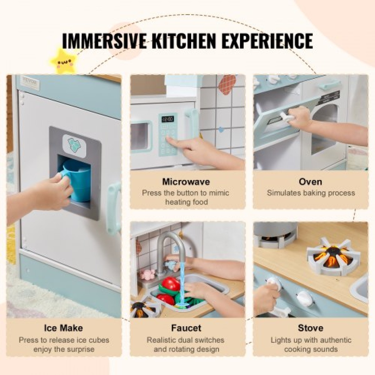 VEVOR Play Kitchen for Kids, Ξύλινο Σετ Κουζίνας Παιχνιδιού με Φώτα και Ήχους, Μικρή Κουζίνα με παγομηχανή, Φούρνος, Νιπτήρας, Φούρνοι μικροκυμάτων, Ψυγείο και Σκεύη και Αξεσουάρ Φρούτων για Μικρά παιδιά, Λευκό