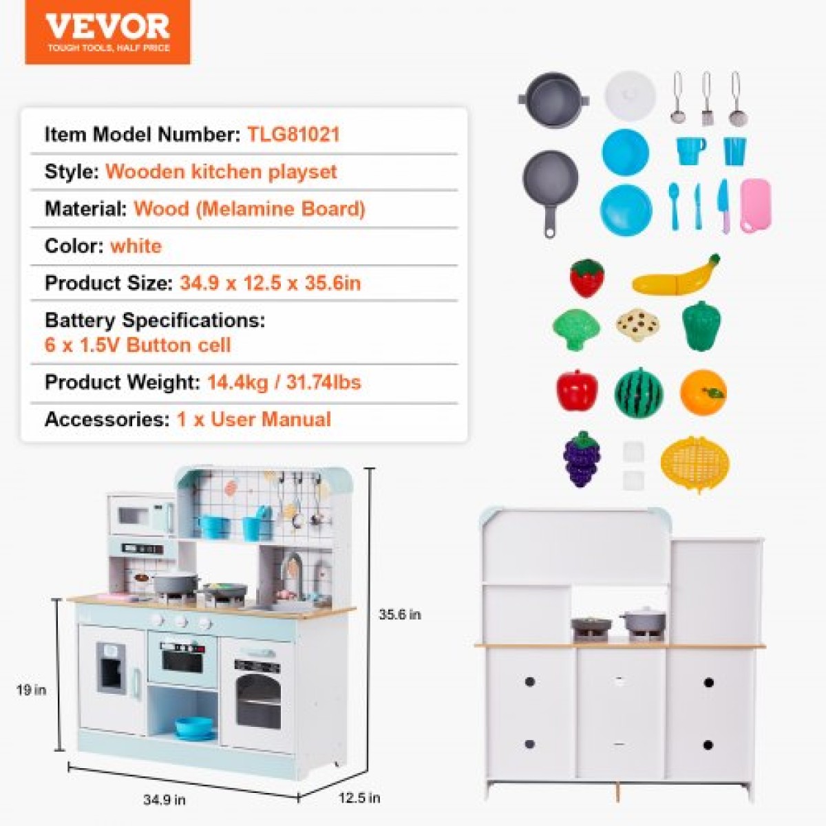 VEVOR Play Kitchen for Kids, Ξύλινο Σετ Κουζίνας Παιχνιδιού με Φώτα και Ήχους, Μικρή Κουζίνα με παγομηχανή, Φούρνος, Νιπτήρας, Φούρνοι μικροκυμάτων, Ψυγείο και Σκεύη και Αξεσουάρ Φρούτων για Μικρά παιδιά, Λευκό