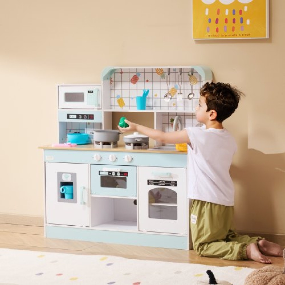 VEVOR Play Kitchen for Kids, Ξύλινο Σετ Κουζίνας Παιχνιδιού με Φώτα και Ήχους, Μικρή Κουζίνα με παγομηχανή, Φούρνος, Νιπτήρας, Φούρνοι μικροκυμάτων, Ψυγείο και Σκεύη και Αξεσουάρ Φρούτων για Μικρά παιδιά, Λευκό