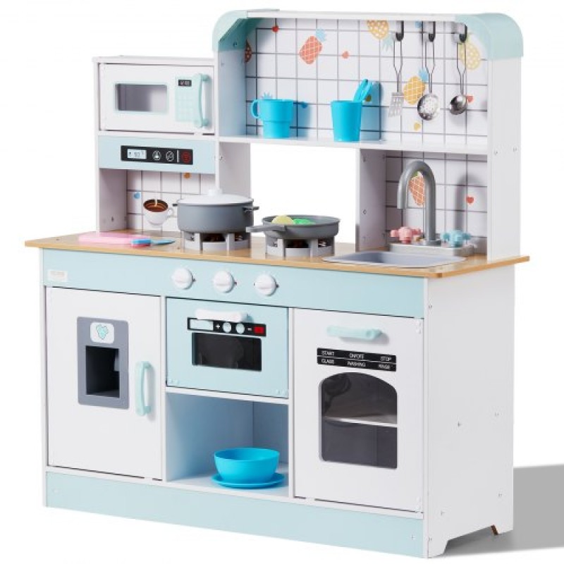 VEVOR Play Kitchen for Kids, Ξύλινο Σετ Κουζίνας Παιχνιδιού με Φώτα και Ήχους, Μικρή Κουζίνα με παγομηχανή, Φούρνος, Νιπτήρας, Φούρνοι μικροκυμάτων, Ψυγείο και Σκεύη και Αξεσουάρ Φρούτων για Μικρά παιδιά, Λευκό
