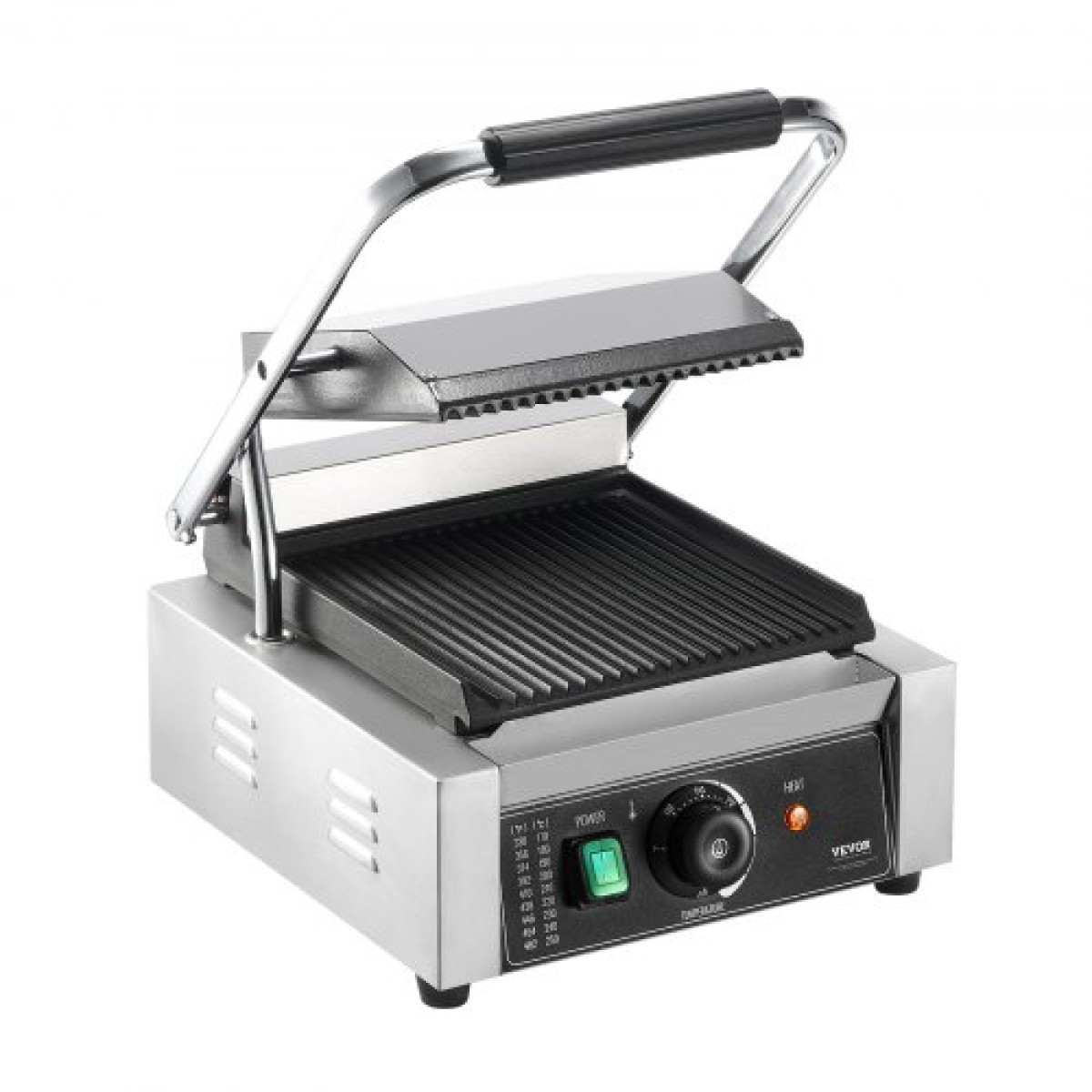 Εμπορική σχάρα Panini VEVOR, Ηλεκτρικό σάντουιτς Panini Maker 1800W, Ανοξείδωτη ψησταριά σάντουιτς με λαβή και έλεγχο θερμοκρασίας, 22x23 cm Επίπεδη εμαγιέ πλάκα, για μπριζόλα χάμπουργκερ μπέικον