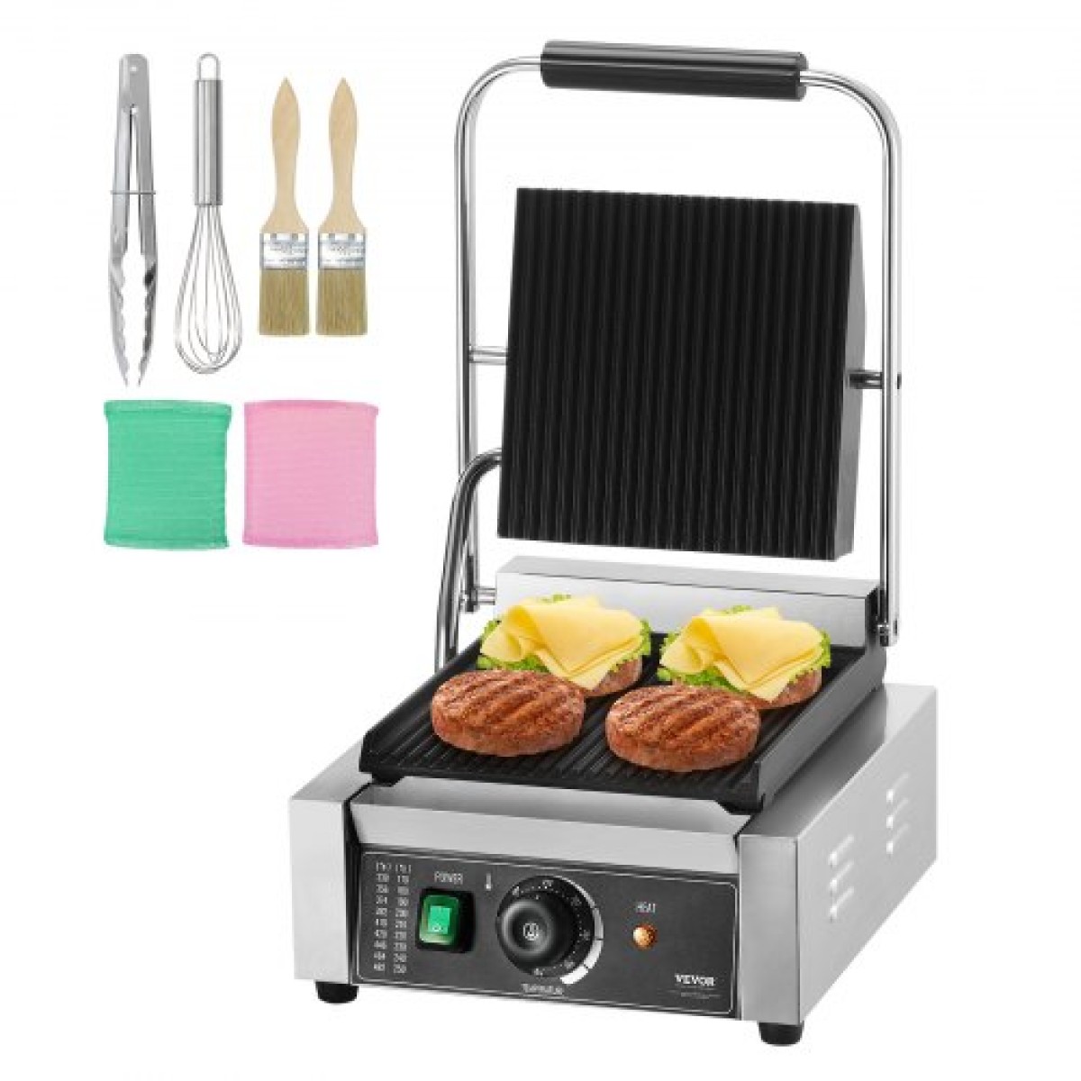 Εμπορική σχάρα Panini VEVOR, Ηλεκτρικό σάντουιτς Panini Maker 1800W, Ανοξείδωτη ψησταριά σάντουιτς με λαβή και έλεγχο θερμοκρασίας, 22x23 cm Επίπεδη εμαγιέ πλάκα, για μπριζόλα χάμπουργκερ μπέικον