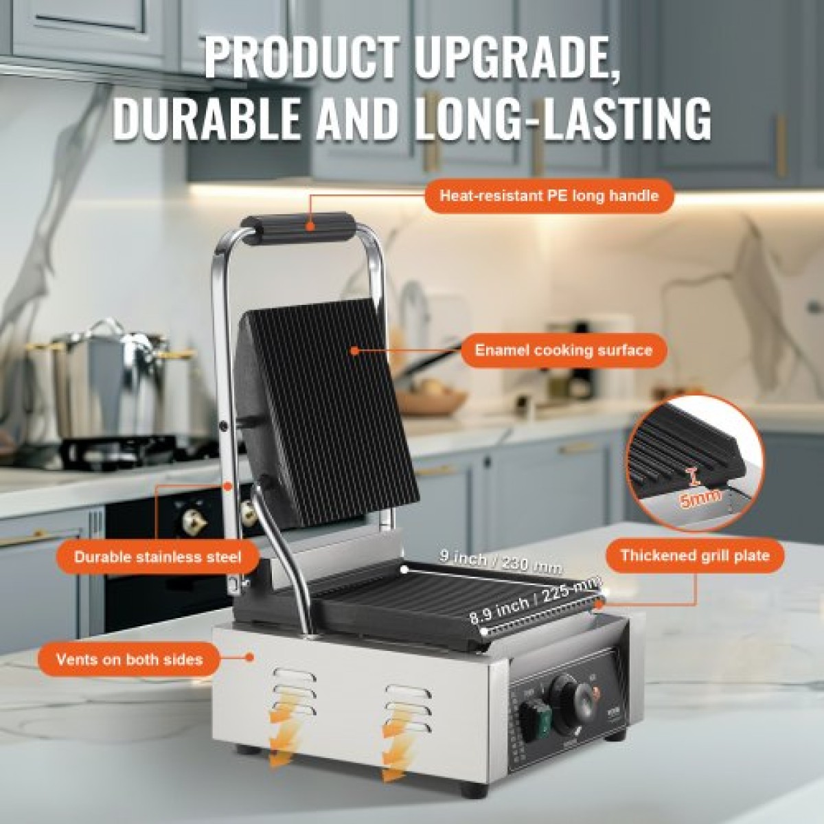 Εμπορική σχάρα Panini VEVOR, Ηλεκτρικό σάντουιτς Panini Maker 1800W, Ανοξείδωτη ψησταριά σάντουιτς με λαβή και έλεγχο θερμοκρασίας, 22x23 cm Επίπεδη εμαγιέ πλάκα, για μπριζόλα χάμπουργκερ μπέικον