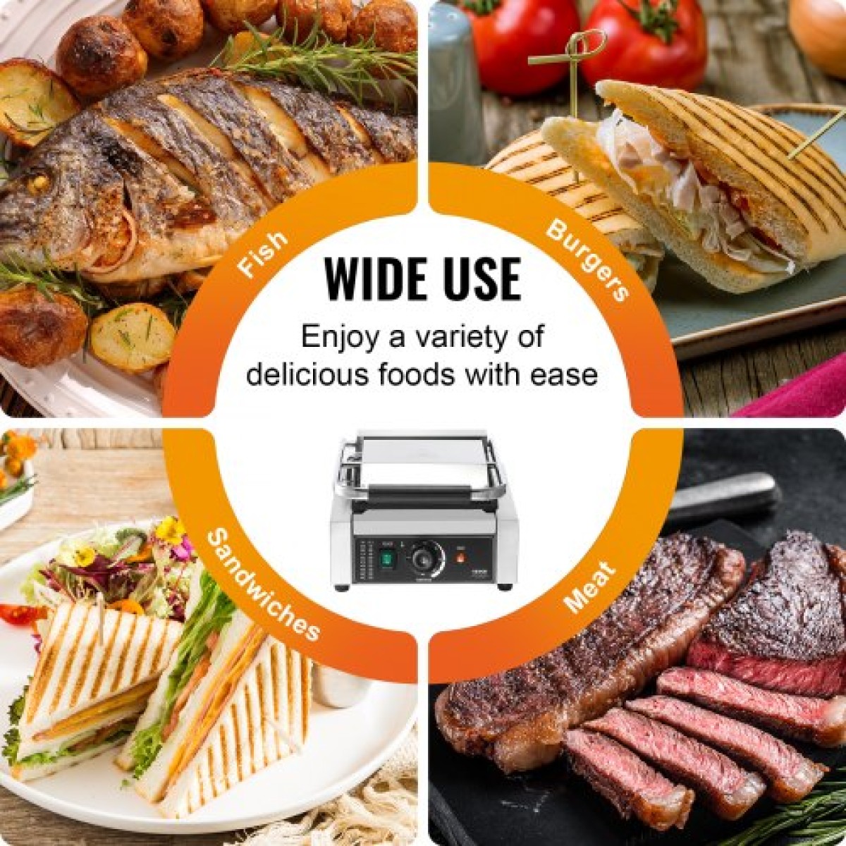 Εμπορική σχάρα Panini VEVOR, Ηλεκτρικό σάντουιτς Panini Maker 1800W, Ανοξείδωτη ψησταριά σάντουιτς με λαβή και έλεγχο θερμοκρασίας, 22x23 cm Επίπεδη εμαγιέ πλάκα, για μπριζόλα χάμπουργκερ μπέικον