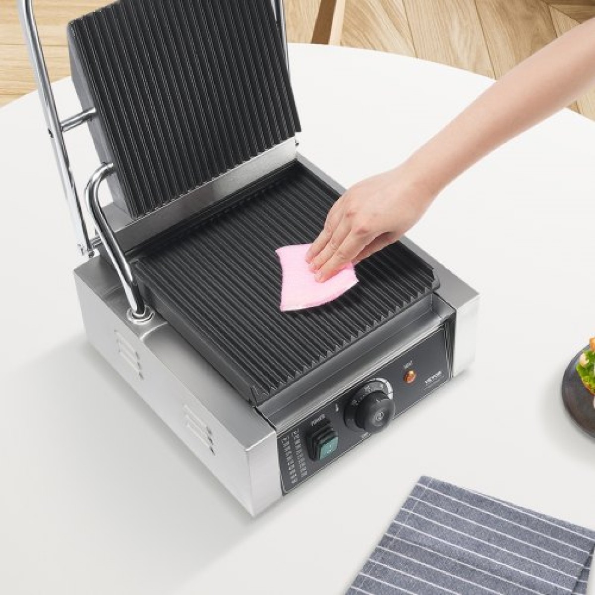 Εμπορική σχάρα Panini VEVOR, Ηλεκτρικό σάντουιτς Panini Maker 1800W, Ανοξείδωτη ψησταριά σάντουιτς με λαβή και έλεγχο θερμοκρασίας, 22x23 cm Επίπεδη εμαγιέ πλάκα, για μπριζόλα χάμπουργκερ μπέικον