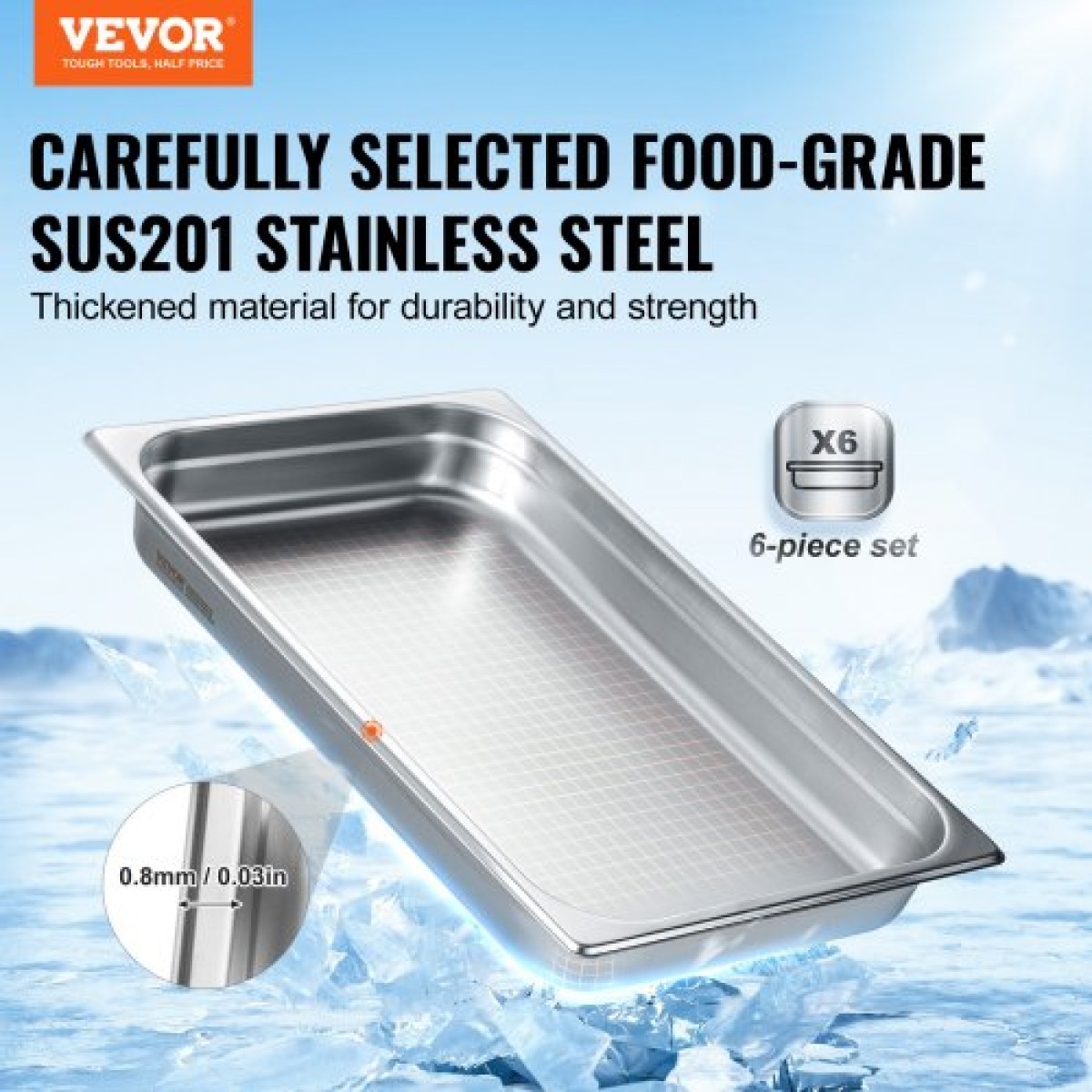 VEVOR 6 Pack Pans Hotel, Full Size Anti-Jam Steam Pan, 0,8mm πάχος από ανοξείδωτο ατσάλι Εστιατόριο Steam Pan, 2,5 ιντσών Deep Commercial Tags, Catering Storage Food Pan, for Industrial & Scientifi