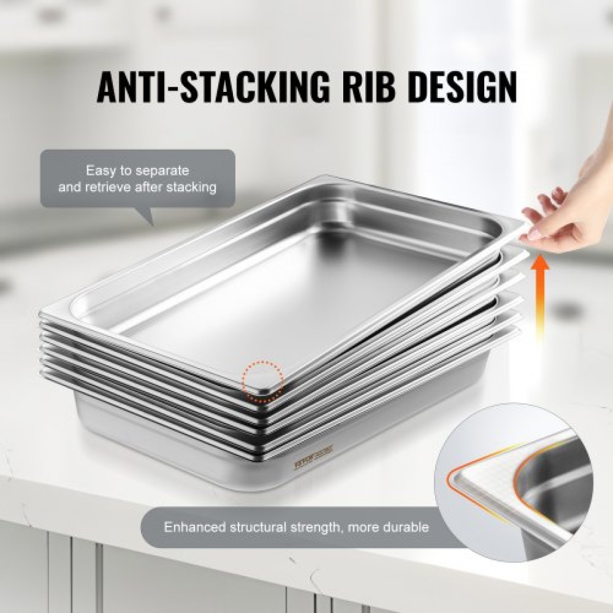 VEVOR 6 Pack Pans Hotel, Full Size Anti-Jam Steam Pan, 0,8mm πάχος από ανοξείδωτο ατσάλι Εστιατόριο Steam Pan, 2,5 ιντσών Deep Commercial Tags, Catering Storage Food Pan, for Industrial & Scientifi