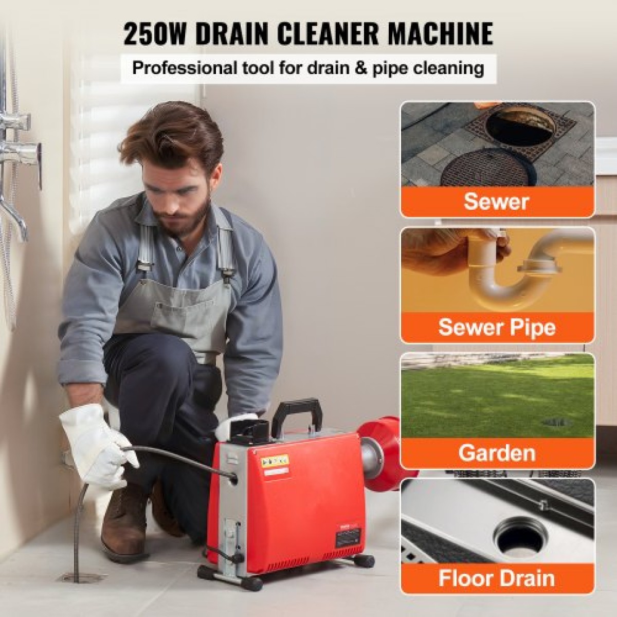 Μηχανή καθαρισμού αποχέτευσης VEVOR 20m x 16mm 250W Sewer Snake Auger Manual Feed