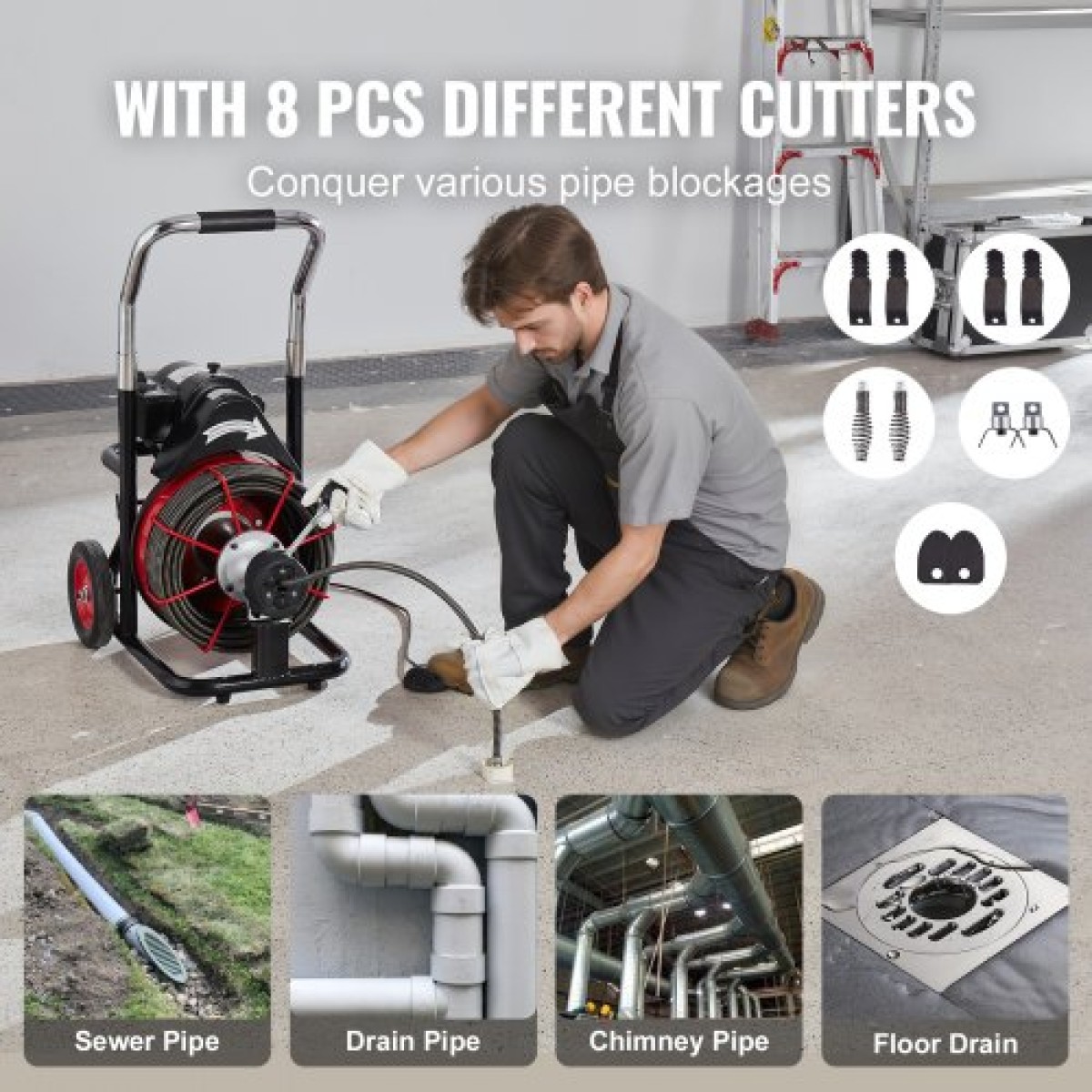 Μηχάνημα καθαρισμού αποχέτευσης VEVOR 30m x 13mm, Auto Feed Sewer Snake Auger on Wheels - με 8 κόφτες & διακόπτη ποδιών με ενεργό αέρα για σωλήνες 50mm έως 150mm