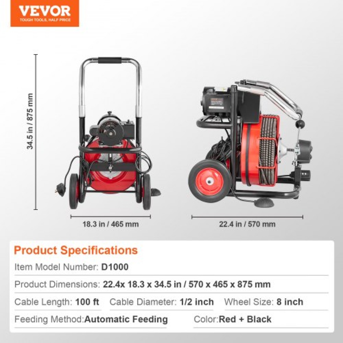 Μηχάνημα καθαρισμού αποχέτευσης VEVOR 30m x 13mm, Auto Feed Sewer Snake Auger on Wheels - με 8 κόφτες & διακόπτη ποδιών με ενεργό αέρα για σωλήνες 50mm έως 150mm