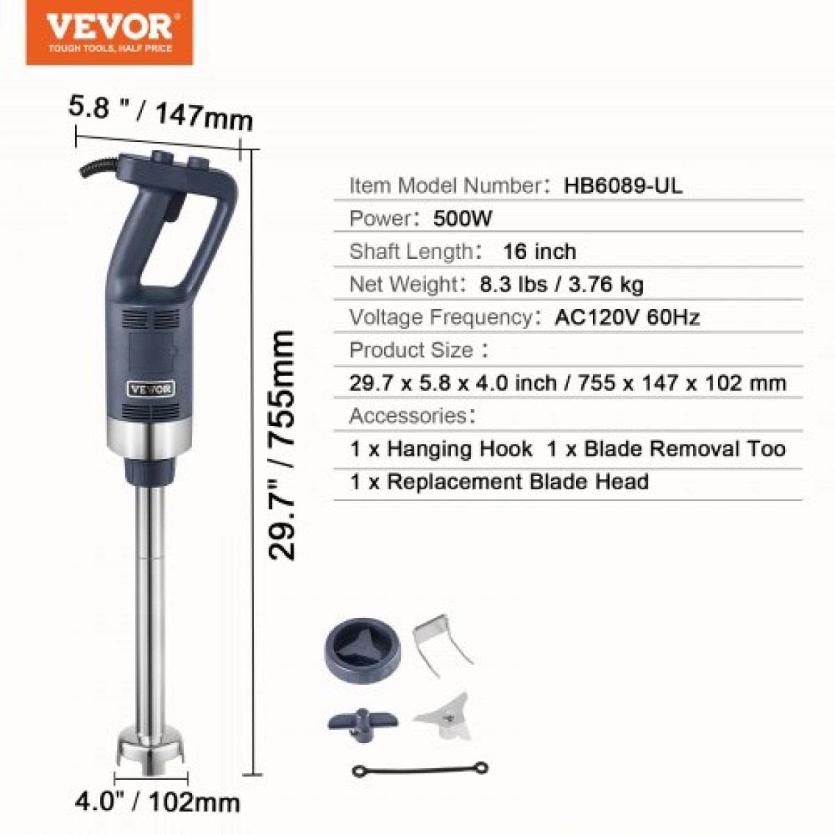 VEVOR Commercial Immersion Blender, 500W Heavy Duty μίξερ χειρός, 16 ιντσών Stepless μίξερ μεταβλητής ταχύτητας με λεπίδα από ανοξείδωτο χάλυβα, φορητό μίξερ πολλαπλών χρήσεων για σούπα, σάλτσες, πουρέ πατάτας, κρέμα