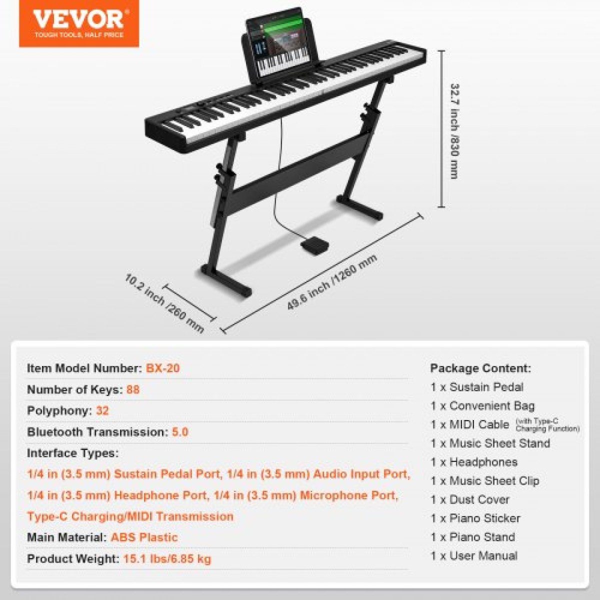 VEVOR 88 Key Folding Keyboard Piano, Bluetooth & MIDI, Φορητό ηλεκτρονικό ψηφιακό αναδιπλούμενο πιάνο με Stand Sustain τσάντα πεντάλ πλήκτρα ευαίσθητα στην αφή, επαναφορτιζόμενη για αρχάριους έφηβους, ενήλικες, μαύρο