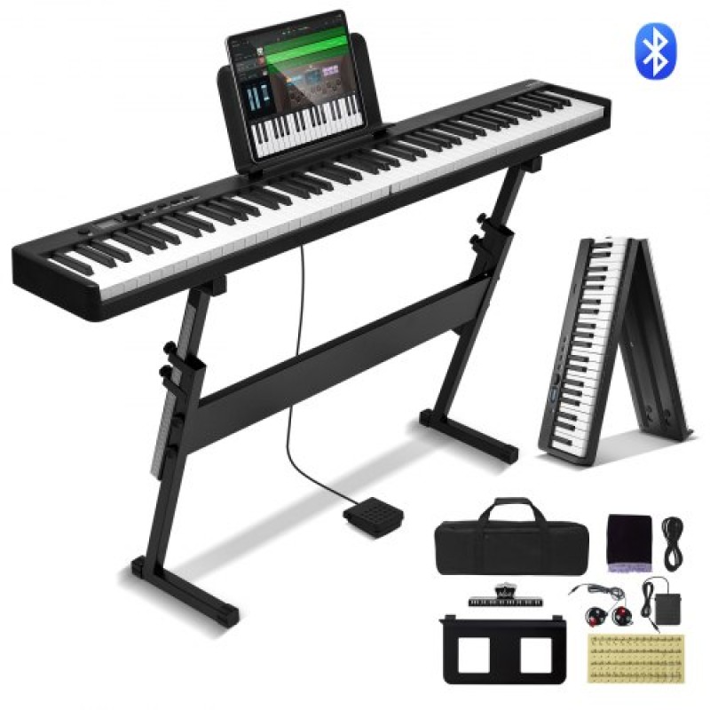 VEVOR 88 Key Folding Keyboard Piano, Bluetooth & MIDI, Φορητό ηλεκτρονικό ψηφιακό αναδιπλούμενο πιάνο με Stand Sustain τσάντα πεντάλ πλήκτρα ευαίσθητα στην αφή, επαναφορτιζόμενη για αρχάριους έφηβους, ενήλικες, μαύρο