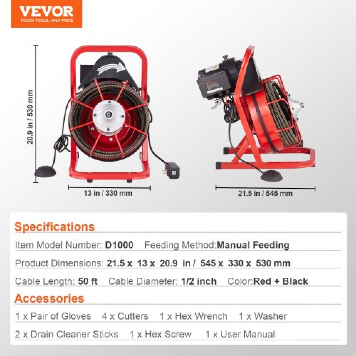 Μηχάνημα καθαρισμού αποχέτευσης VEVOR 15m x 13mm, Χειροκίνητη τροφοδοσία Sewer Snake Auger with 4 Cutters & Air-activated Foot Switch for 50mm to 150mm Pipes