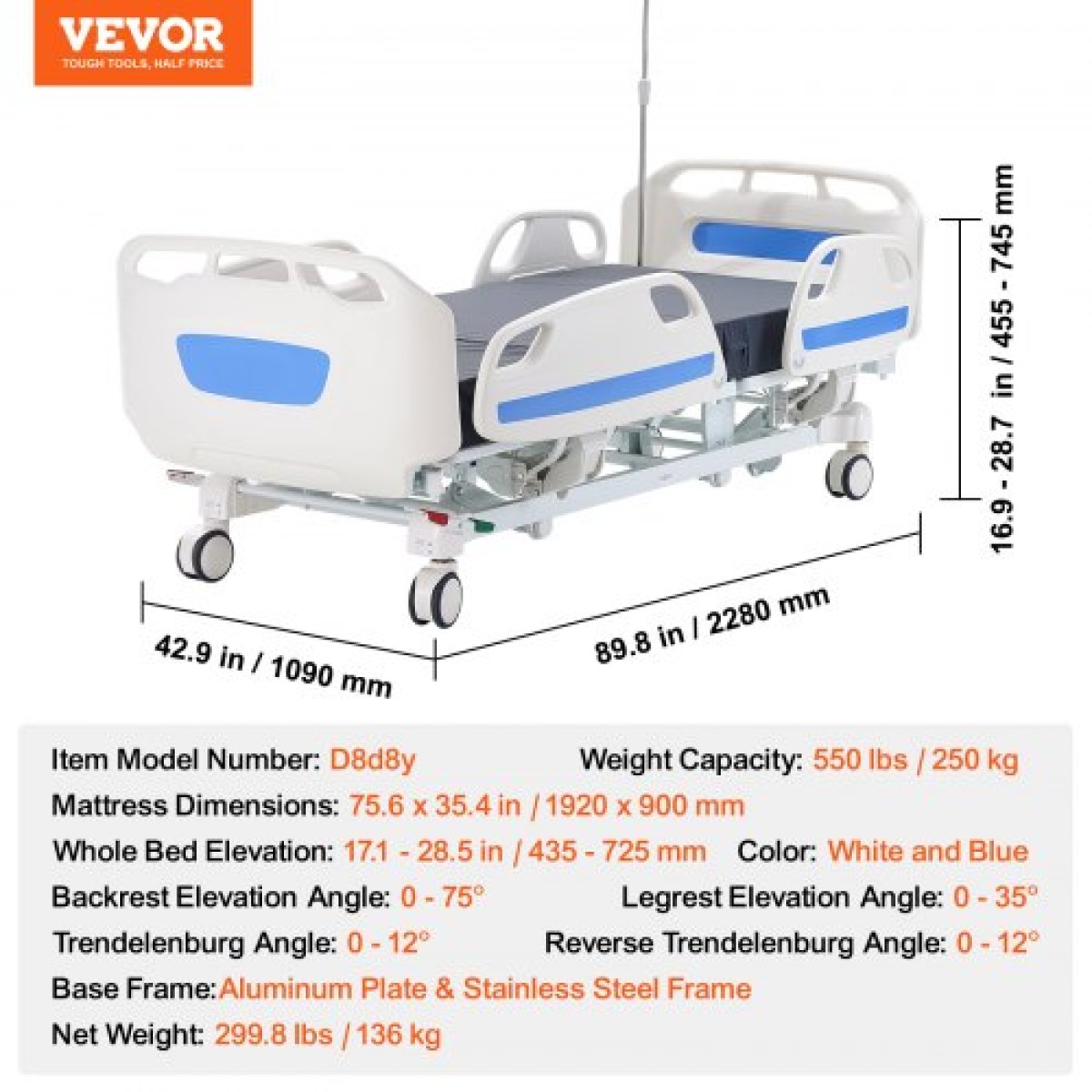 VEVOR Premium 5 Function Full Electric Hospital Bed ICU Medical Bed 250 kg φορτία