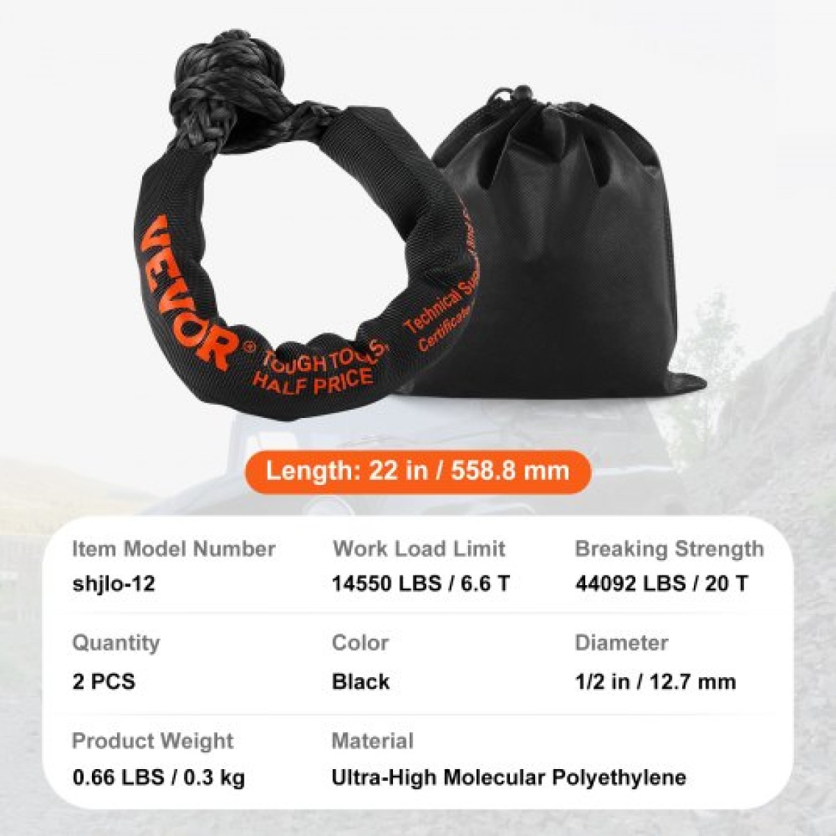 VEVOR Soft Shackle Synthetic Recovery Rope 2PCS 1,3x56 cm 20 Ton Break Strength