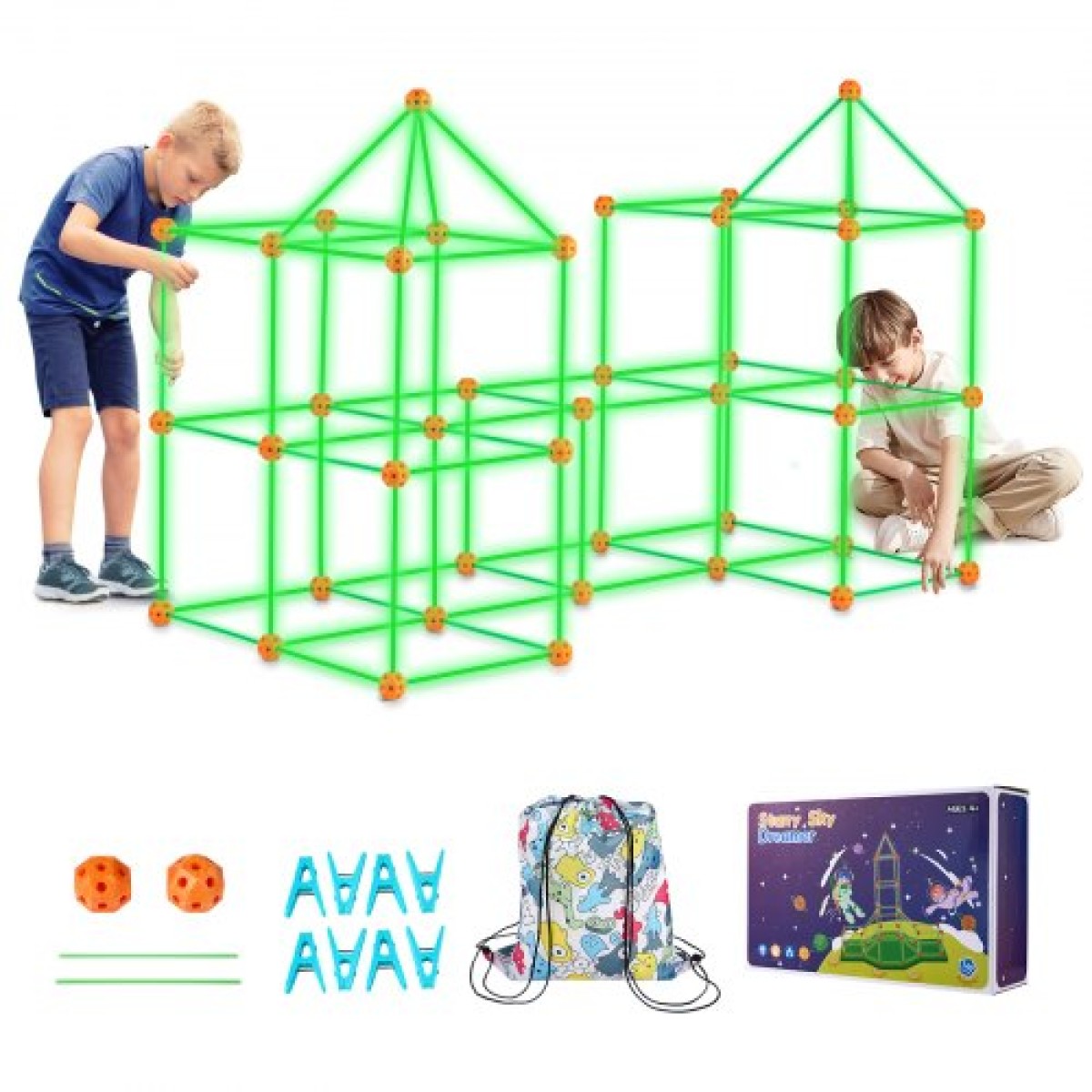 VEVOR Fort Building Kit for Kids, 140PCS Glow in The Dark STEM Building Toys, Εκπαιδευτικό δώρο για 4 5 6 7 8+ ετών Αγόρια & Κορίτσια Παιχνίδια κατασκευής σκηνής παιχνιδιού εσωτερικού χώρου με 96 ράβδους και 44 μπάλες