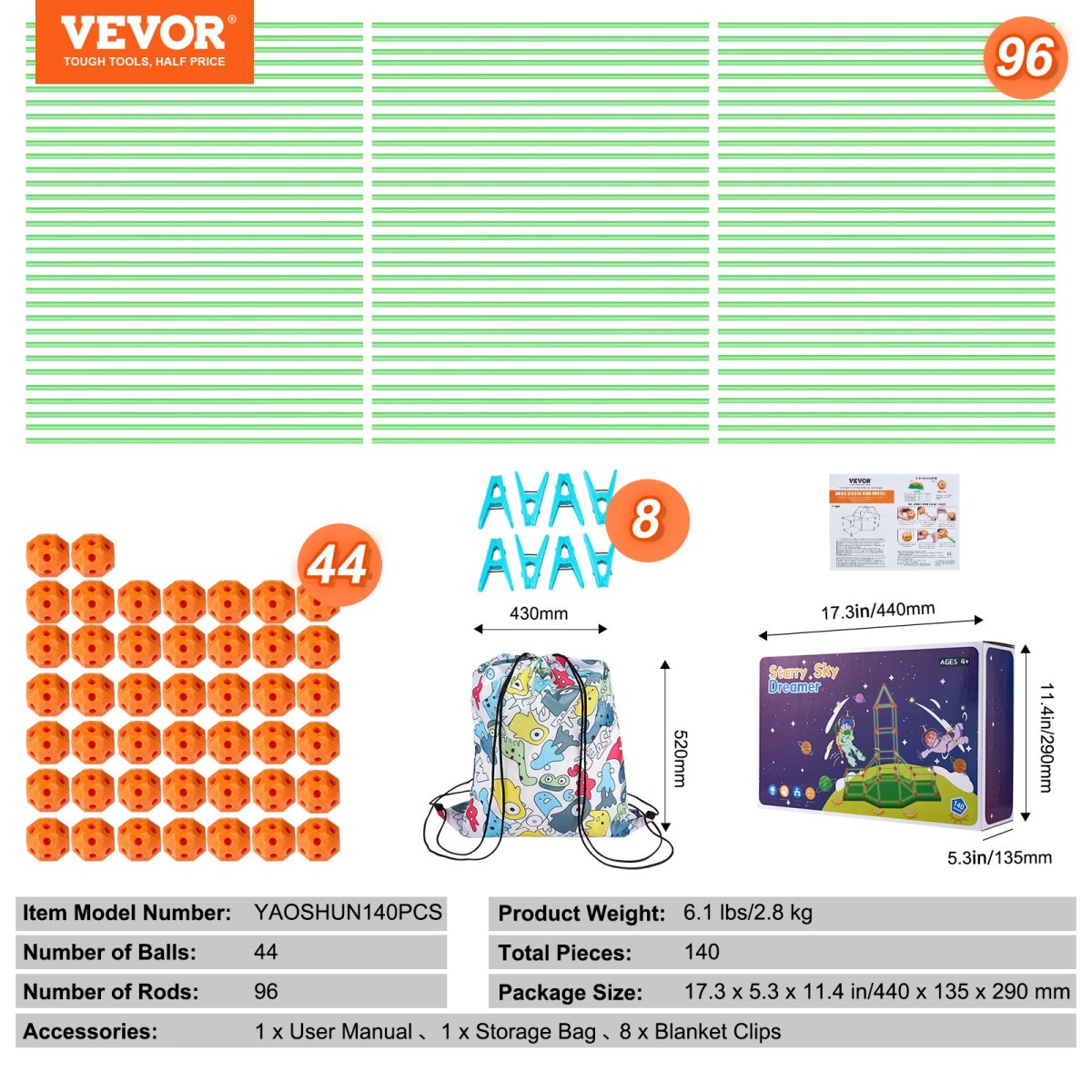 VEVOR Fort Building Kit for Kids, 140PCS Glow in The Dark STEM Building Toys, Εκπαιδευτικό δώρο για 4 5 6 7 8+ ετών Αγόρια & Κορίτσια Παιχνίδια κατασκευής σκηνής παιχνιδιού εσωτερικού χώρου με 96 ράβδους και 44 μπάλες