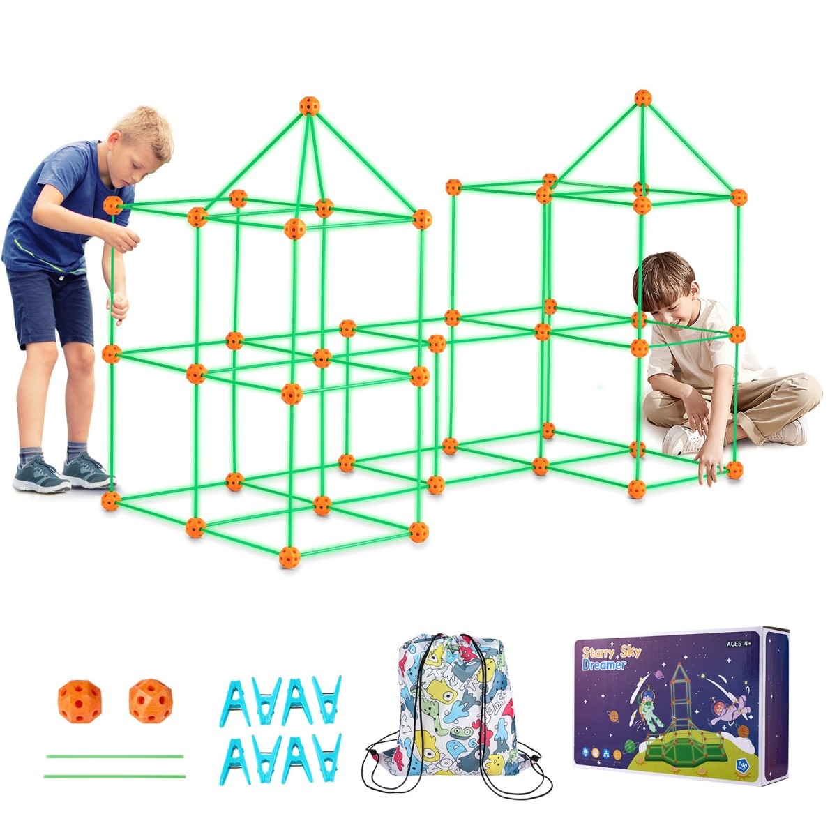 VEVOR Fort Building Kit for Kids, 140PCS Glow in The Dark STEM Building Toys, Εκπαιδευτικό δώρο για 4 5 6 7 8+ ετών Αγόρια & Κορίτσια Παιχνίδια κατασκευής σκηνής παιχνιδιού εσωτερικού χώρου με 96 ράβδους και 44 μπάλες