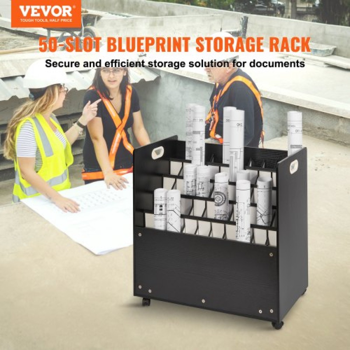 VEVOR Blueprint Storage Rack, 50 Slots Κινητό ντουλάπι αποθήκευσης Blueprint, Ξύλινο ρολό File Organizer Cart for Construction Plan Map Poster Architectural, Blueprint File Holiday for Home, Office, School