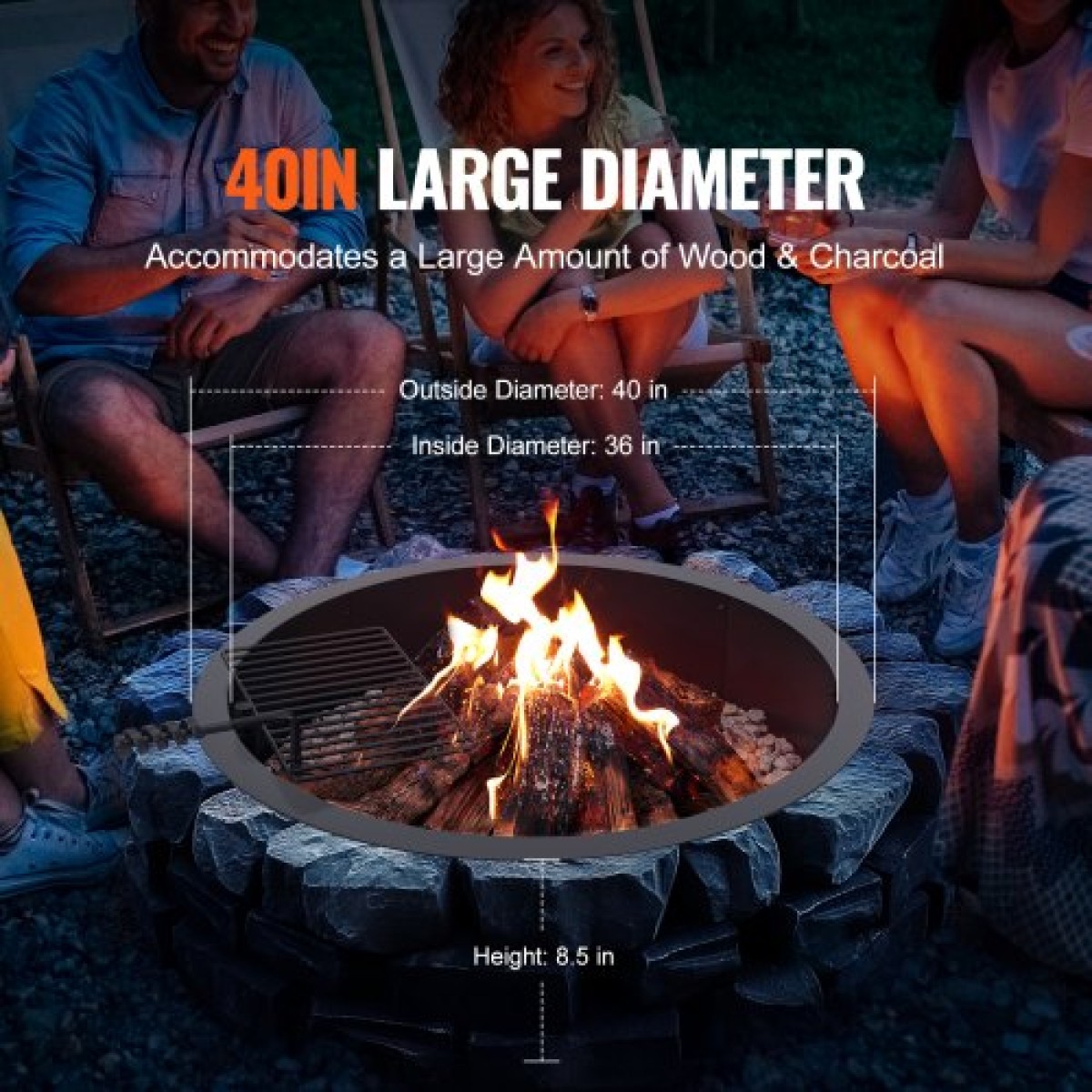 Δαχτυλίδι VEVOR Fire Pit, Ένθετο Fire Pit with Fire Ring, 40-In Outer/36-In Internal Diameter, 8,5 in Height, Carbon Steel Liner DIY Campfire Ring over/In-Ground, for Outdoor Camping, Bonfires