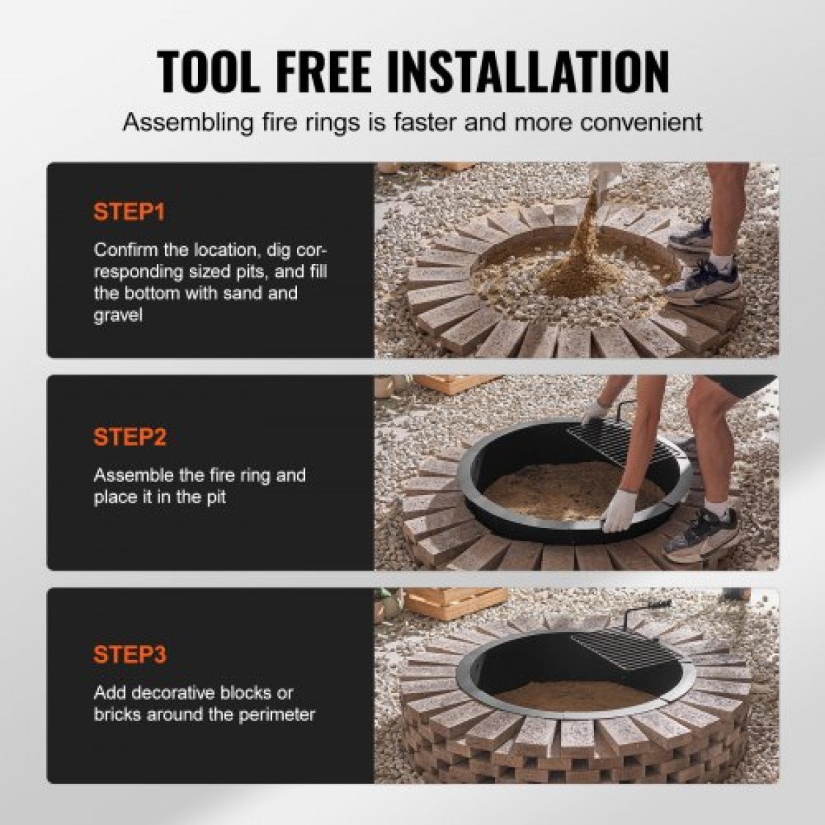 Δαχτυλίδι VEVOR Fire Pit, Ένθετο Fire Pit with Fire Ring, 40-In Outer/36-In Internal Diameter, 8,5 in Height, Carbon Steel Liner DIY Campfire Ring over/In-Ground, for Outdoor Camping, Bonfires