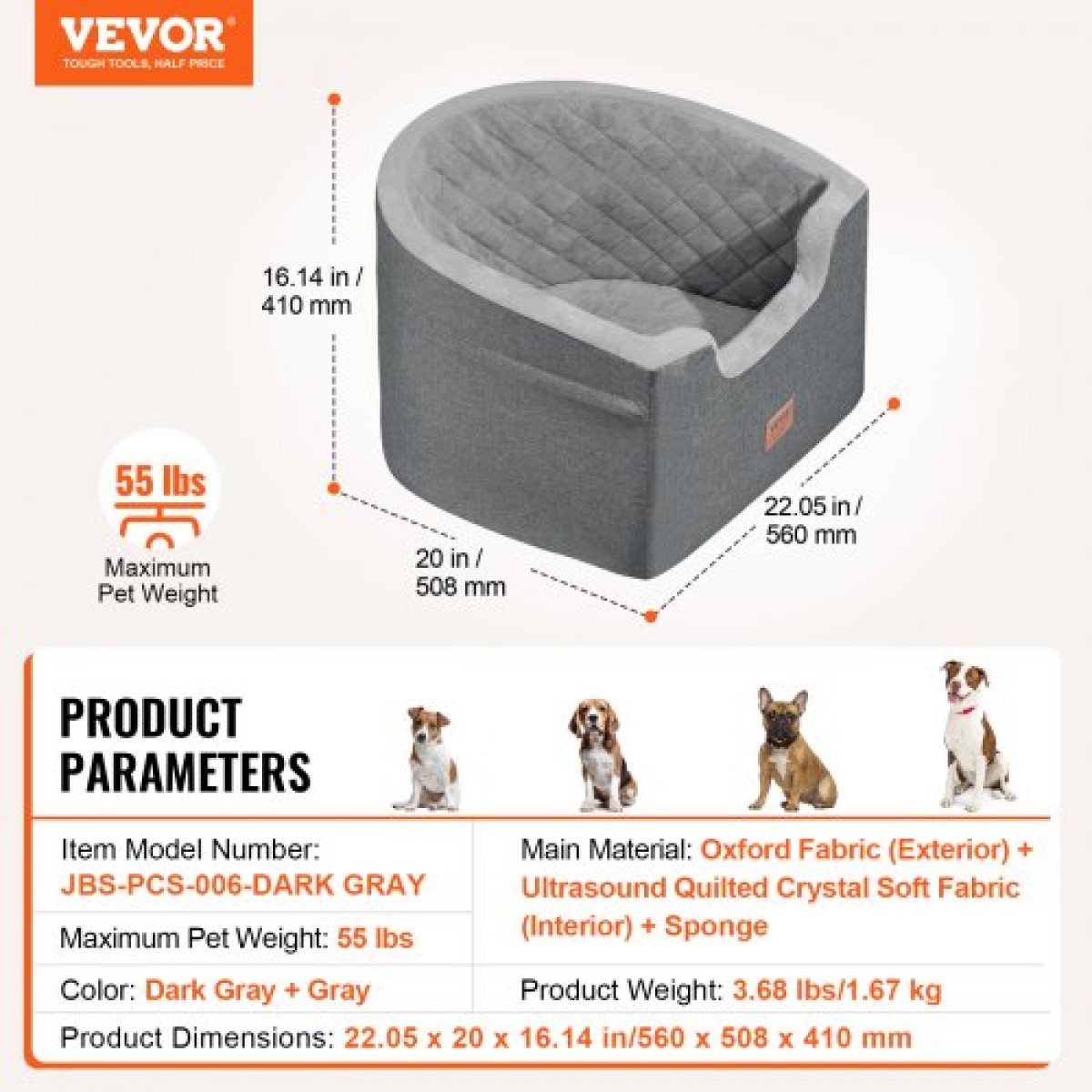 Κάθισμα αυτοκινήτου VEVOR Dog, Αδιάβροχο ενισχυτικό κάθισμα για αυτοκίνητο με τσέπη αποθήκευσης, λουρί ασφαλείας με κλιπ και πλήρωση με σφουγγάρι, κρεβάτι αυτοκινήτου σκύλου για μικρό και μεσαίο σκύλο έως 55 κιλά, γκρι