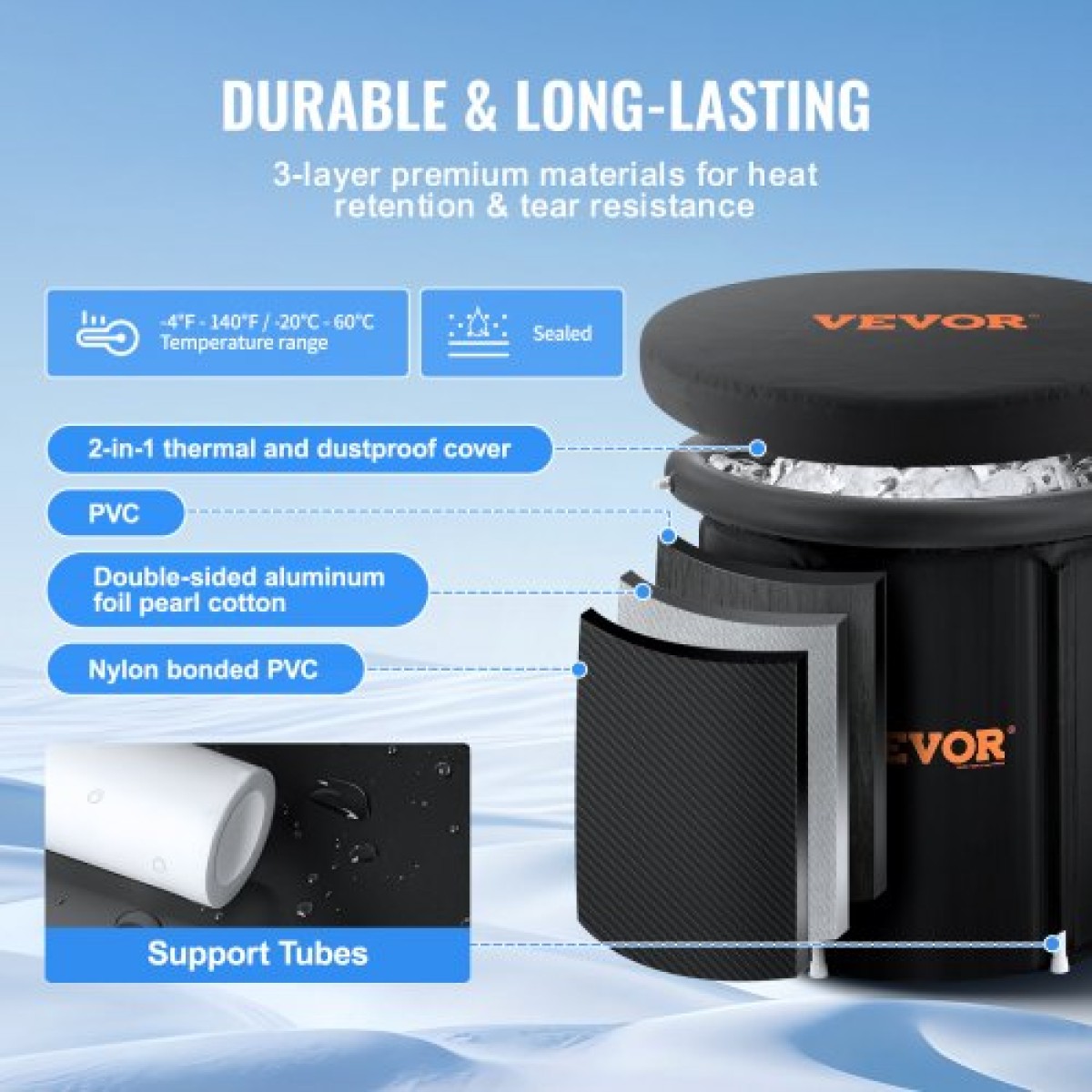 VEVOR Ice Bath Bath, 85 cm Long Cold Water Therapy Plunge Bath for Athletes, Φορητή εξωτερική πισίνα με βαρέλι πάγου για ανάκτηση, φουσκωτή πτυσσόμενη μπανιέρα 398L με κάλυμμα, παγοθήκη σπιτιού για ενήλικες