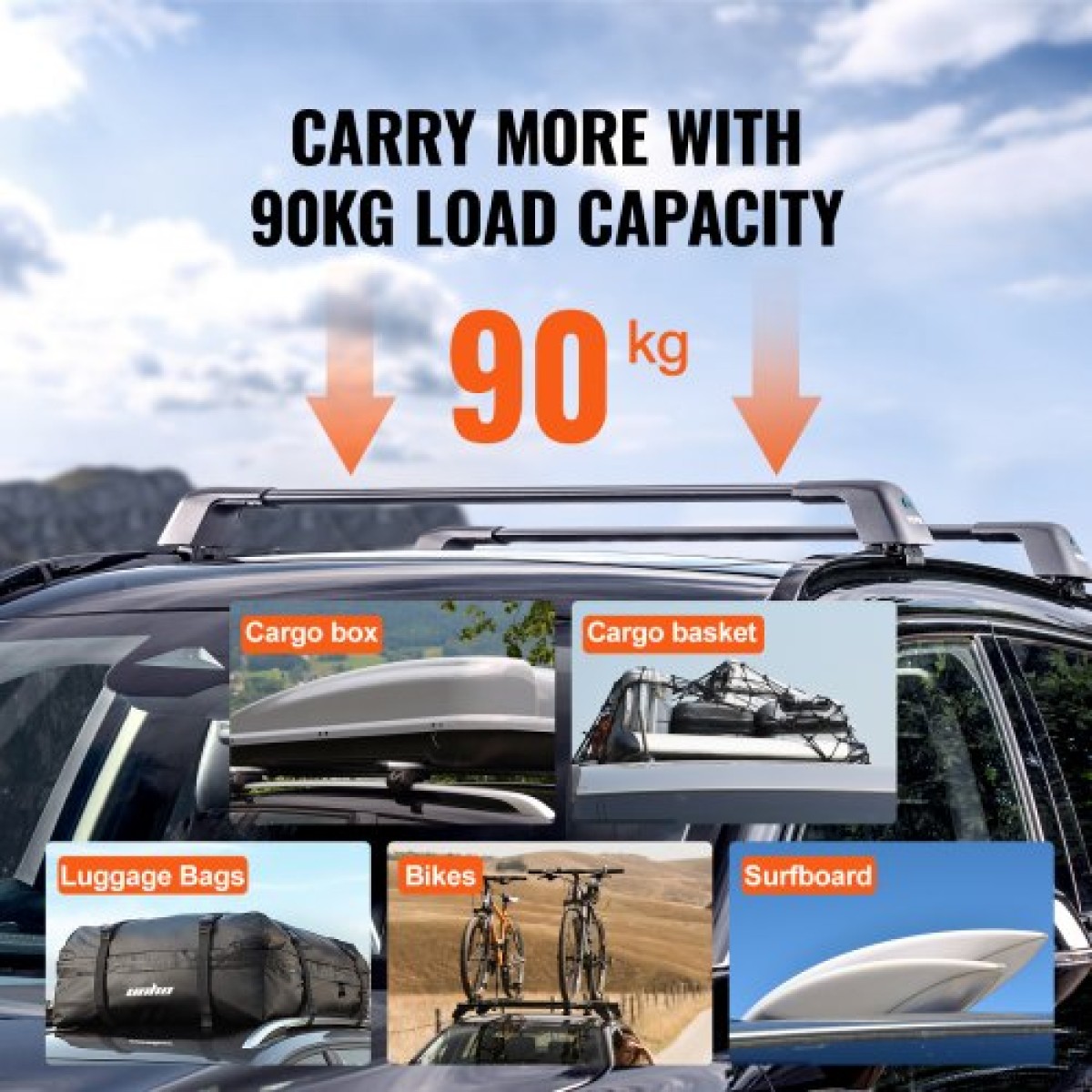 VEVOR Universal Roof Rack Crossbar Max 120,9 cm Ταιριάζει σε αυλακωτές πλαϊνές ράγες χωρίς διάκενο