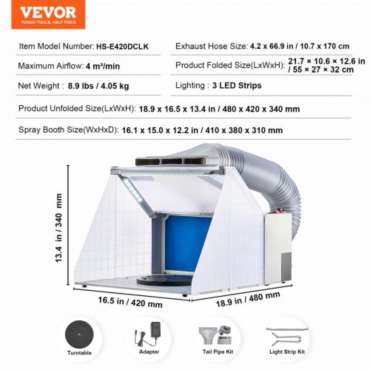 VEVOR Airbrush Booth Spray, Φορητό Hobby Airbrush Paint Booth Booth Kit με φώτα LED, ανεμιστήρας εξάτμισης και προέκταση σωλήνα εξάτμισης, θάλαμος βαφής Airbrush για ζωγραφική μοντέλων, τεχνών, χειροτεχνίας, κέικ