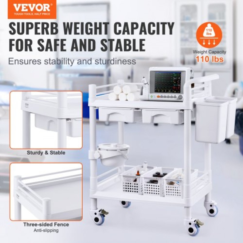 VEVOR 2 Tiers Lab Carts, Lab Utility Cart με 2 δίσκους, 2 συρτάρια & 4 Silent Wheels, Mobile ιατρικό καρότσι με υλικό PP, Lab Rolling Cart με 3 κάδους απορριμμάτων για εργαστήριο, κλινική, νοσοκομείο, σαλόνι, λευκό