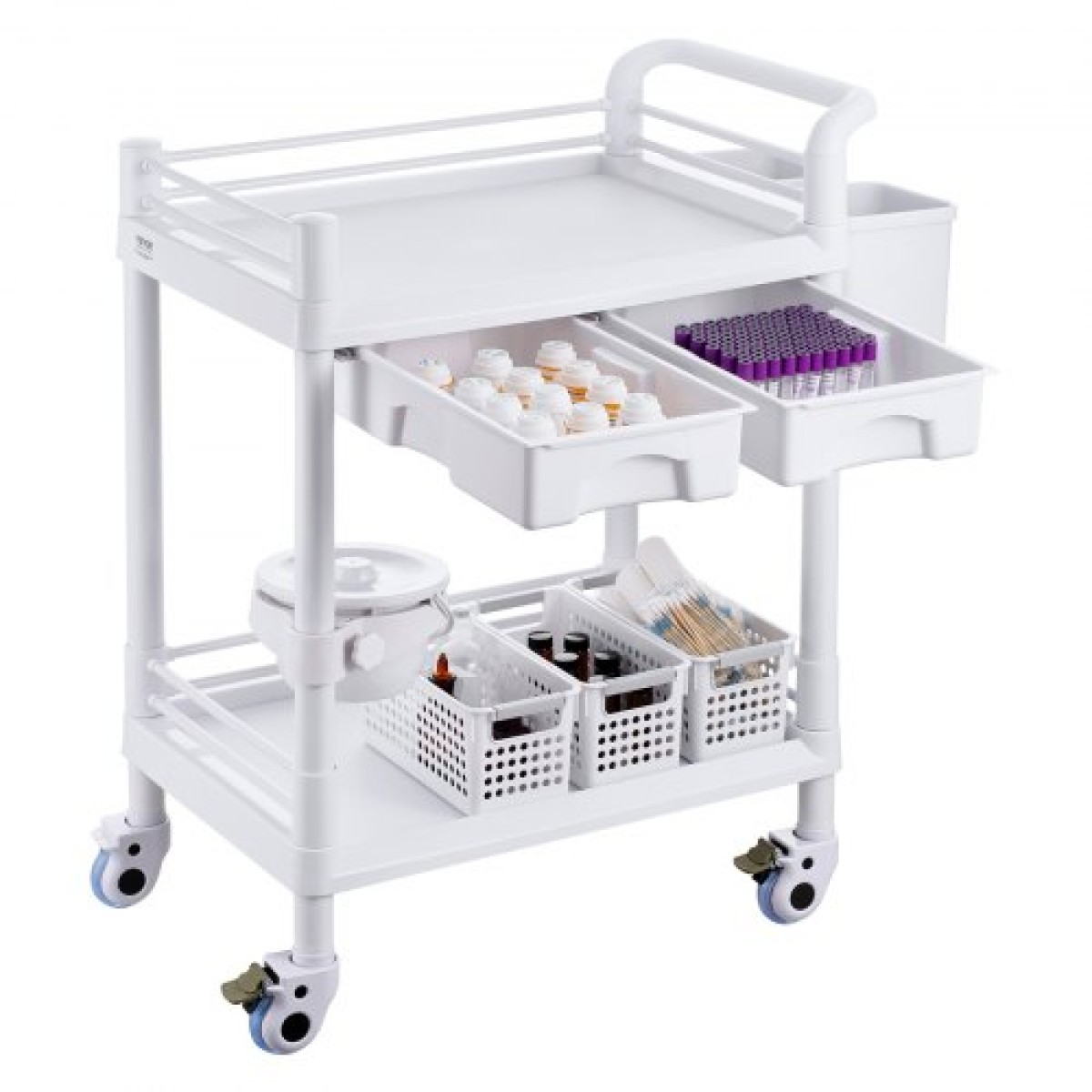 VEVOR 2 Tiers Lab Carts, Lab Utility Cart με 2 δίσκους, 2 συρτάρια & 4 Silent Wheels, Mobile ιατρικό καρότσι με υλικό PP, Lab Rolling Cart με 3 κάδους απορριμμάτων για εργαστήριο, κλινική, νοσοκομείο, σαλόνι, λευκό