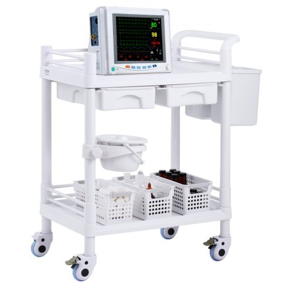VEVOR 2 Tiers Lab Carts, Lab Utility Cart με 2 δίσκους, 2 συρτάρια & 4 Silent Wheels, Mobile ιατρικό καρότσι με υλικό PP, Lab Rolling Cart με 3 κάδους απορριμμάτων για εργαστήριο, κλινική, νοσοκομείο, σαλόνι, λευκό