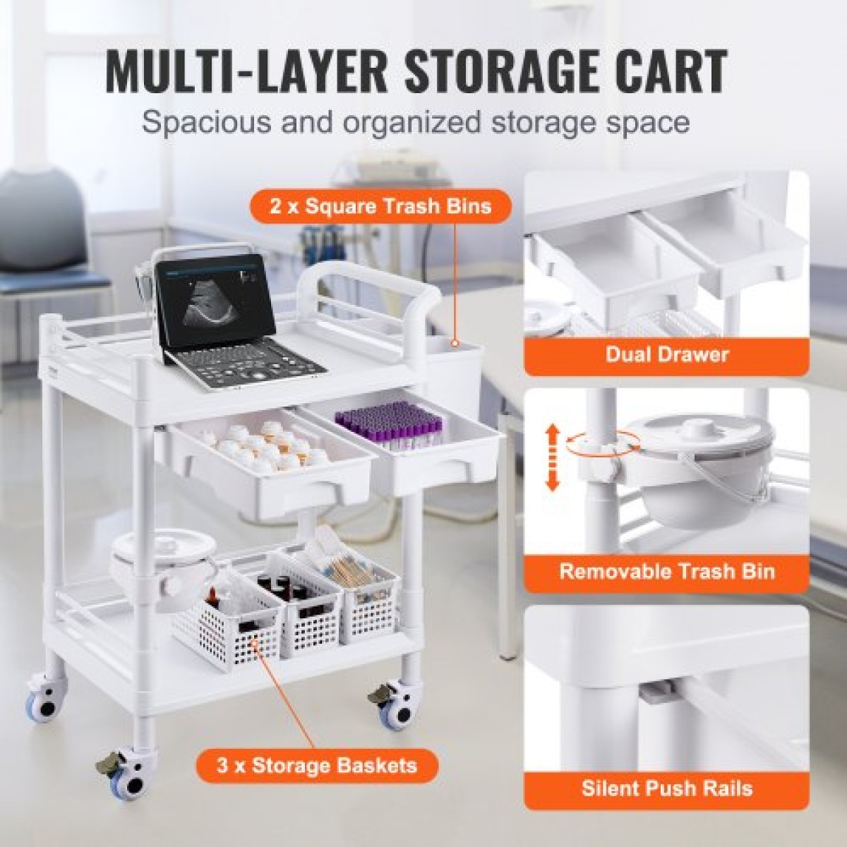 VEVOR 2 Tiers Lab Carts, Lab Utility Cart με 2 δίσκους, 2 συρτάρια & 4 Silent Wheels, Mobile ιατρικό καρότσι με υλικό PP, Lab Rolling Cart με 3 κάδους απορριμμάτων για εργαστήριο, κλινική, νοσοκομείο, σαλόνι, λευκό