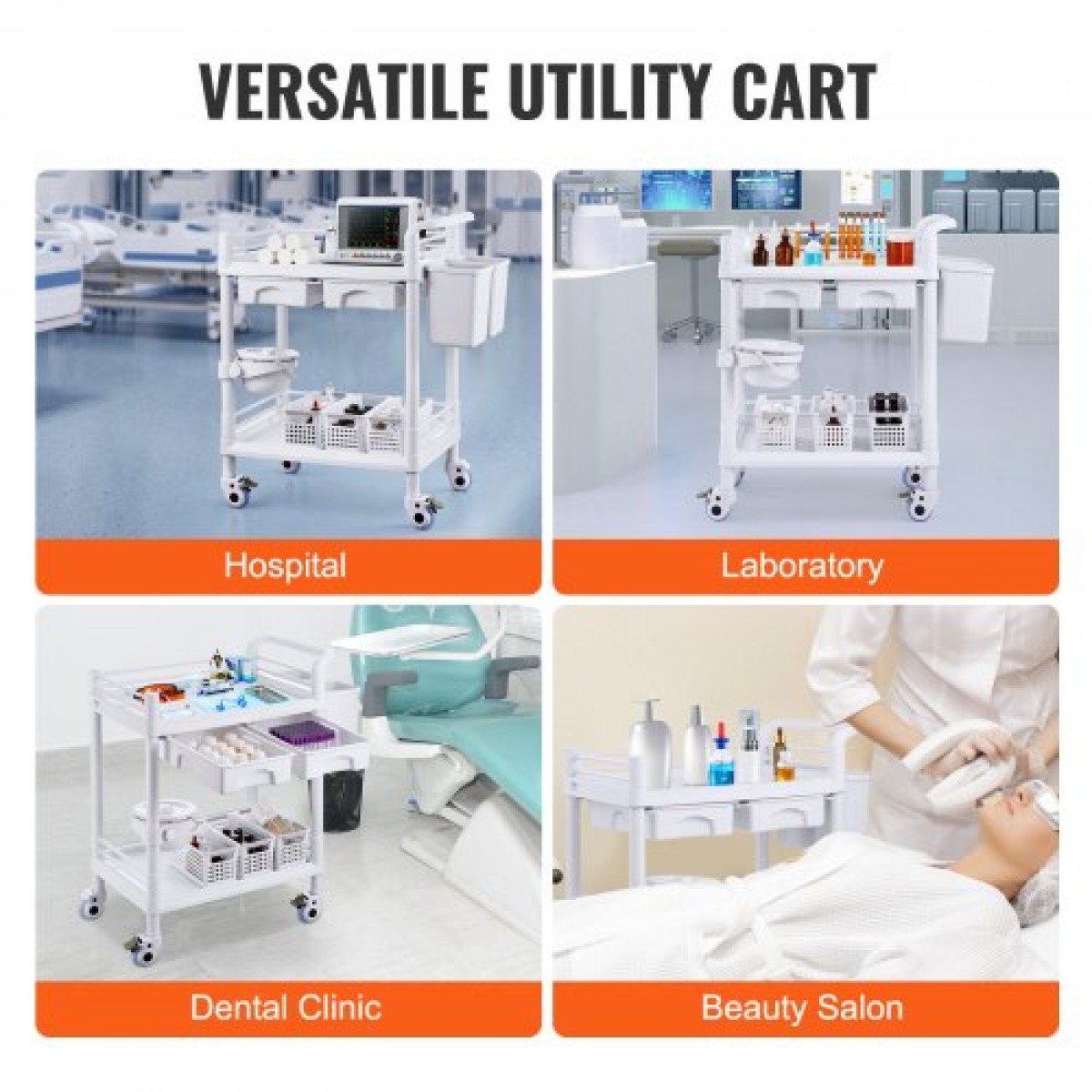 VEVOR 2 Tiers Lab Carts, Lab Utility Cart με 2 δίσκους, 2 συρτάρια & 4 Silent Wheels, Mobile ιατρικό καρότσι με υλικό PP, Lab Rolling Cart με 3 κάδους απορριμμάτων για εργαστήριο, κλινική, νοσοκομείο, σαλόνι, λευκό
