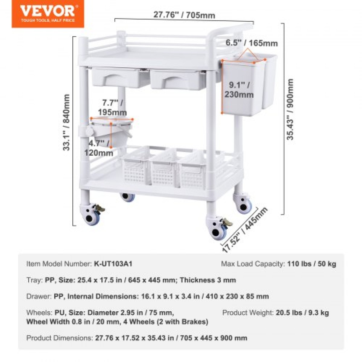 VEVOR 2 Tiers Lab Carts, Lab Utility Cart με 2 δίσκους, 2 συρτάρια & 4 Silent Wheels, Mobile ιατρικό καρότσι με υλικό PP, Lab Rolling Cart με 3 κάδους απορριμμάτων για εργαστήριο, κλινική, νοσοκομείο, σαλόνι, λευκό