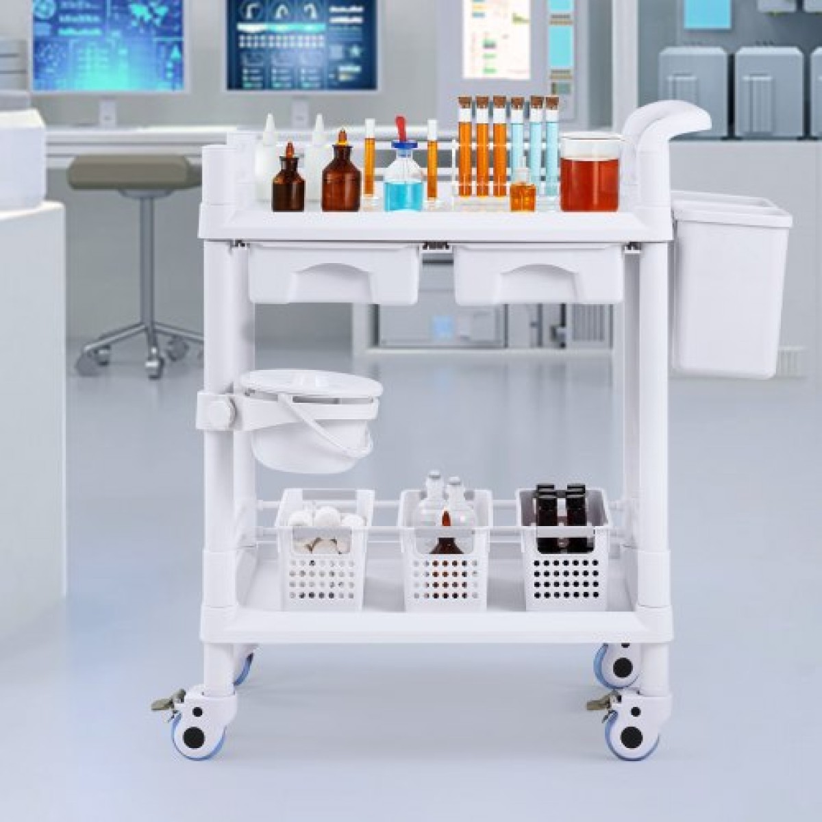VEVOR 2 Tiers Lab Carts, Lab Utility Cart με 2 δίσκους, 2 συρτάρια & 4 Silent Wheels, Mobile ιατρικό καρότσι με υλικό PP, Lab Rolling Cart με 3 κάδους απορριμμάτων για εργαστήριο, κλινική, νοσοκομείο, σαλόνι, λευκό