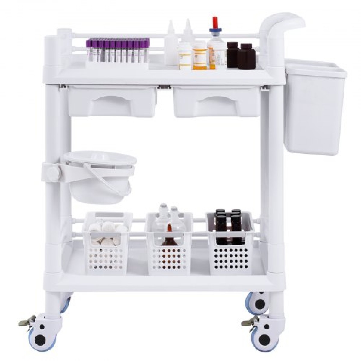 VEVOR 2 Tiers Lab Carts, Lab Utility Cart με 2 δίσκους, 2 συρτάρια & 4 Silent Wheels, Mobile ιατρικό καρότσι με υλικό PP, Lab Rolling Cart με 3 κάδους απορριμμάτων για εργαστήριο, κλινική, νοσοκομείο, σαλόνι, λευκό