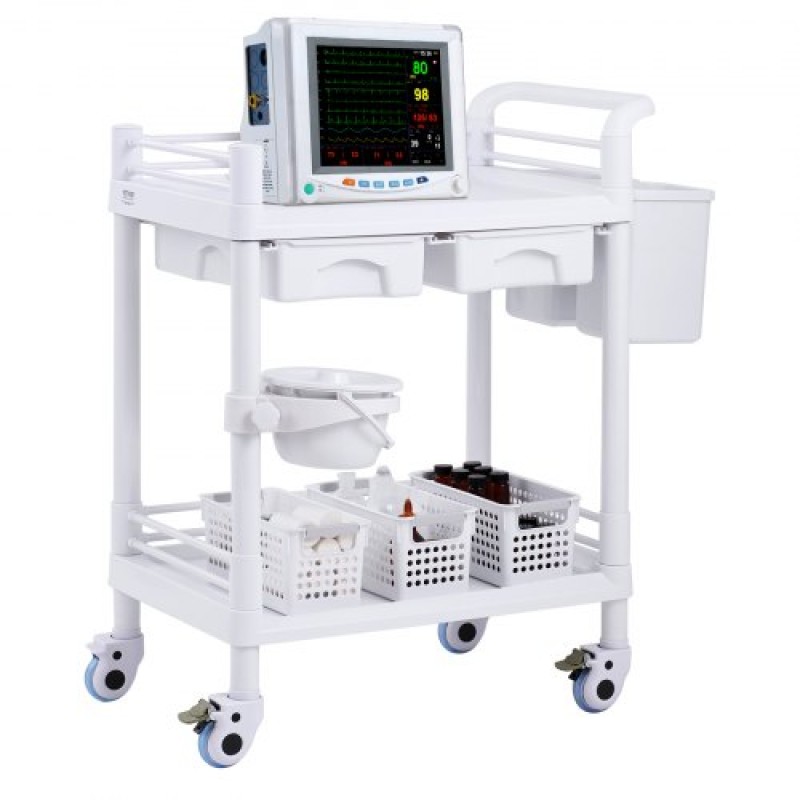 VEVOR 2 Tiers Lab Carts, Lab Utility Cart με 2 δίσκους, 2 συρτάρια & 4 Silent Wheels, Mobile ιατρικό καρότσι με υλικό PP, Lab Rolling Cart με 3 κάδους απορριμμάτων για εργαστήριο, κλινική, νοσοκομείο, σαλόνι, λευκό